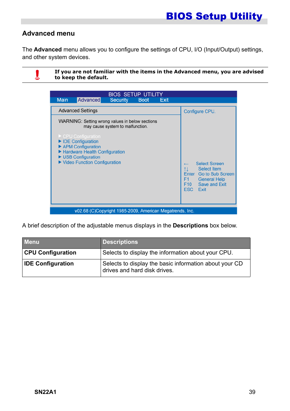 Advanced menu, Bios setup utility | HANNspree SN22A1 User Manual | Page 40 / 57