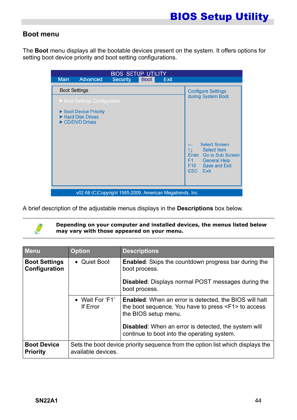 Boot menu, Bios setup utility | HANNspree SN22A1 User Manual | Page 45 / 57