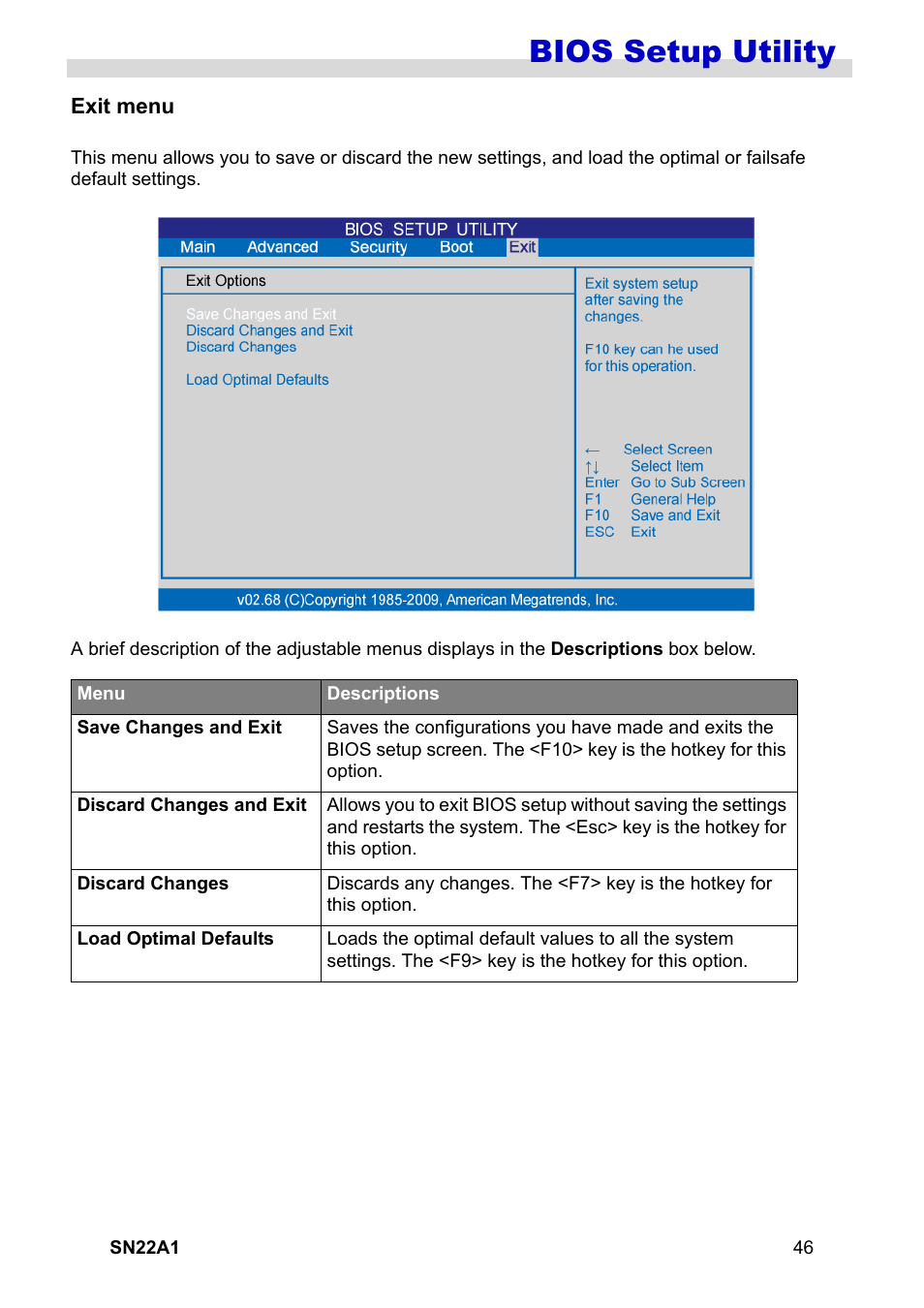 Exit menu, Bios setup utility | HANNspree SN22A1 User Manual | Page 47 / 57