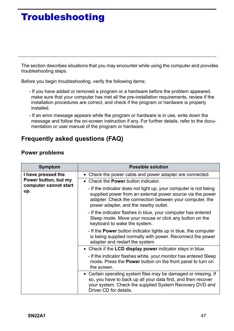 Troubleshooting, Frequently asked questions (faq), Power problems | HANNspree SN22A1 User Manual | Page 48 / 57
