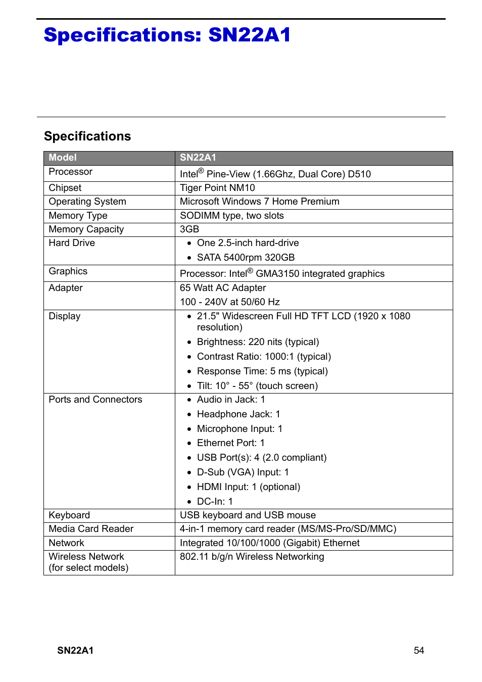 Specifications: sn22a1, Specifications | HANNspree SN22A1 User Manual | Page 55 / 57