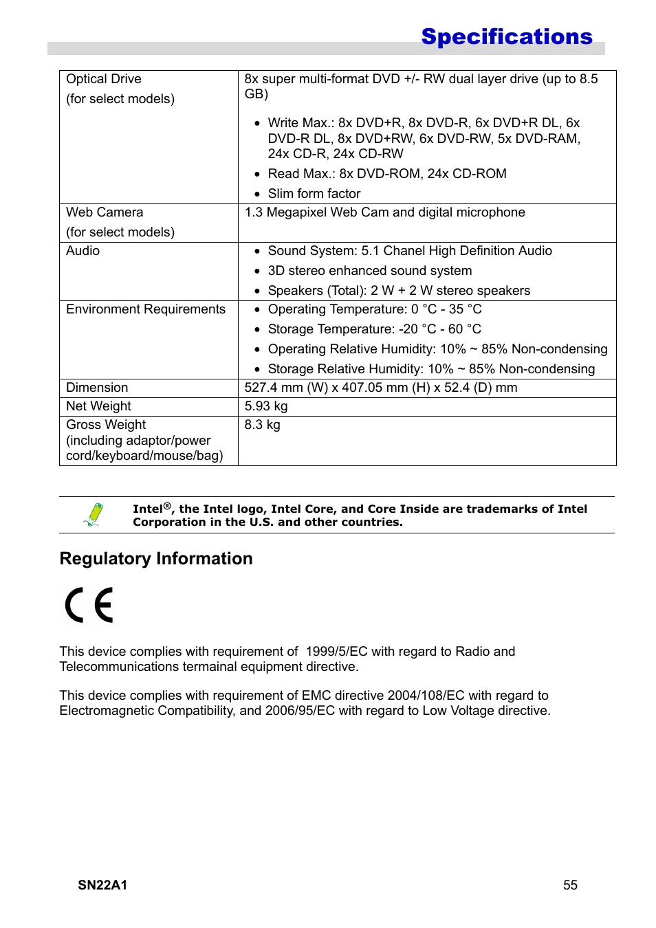 Regulatory information, Specifications | HANNspree SN22A1 User Manual | Page 56 / 57