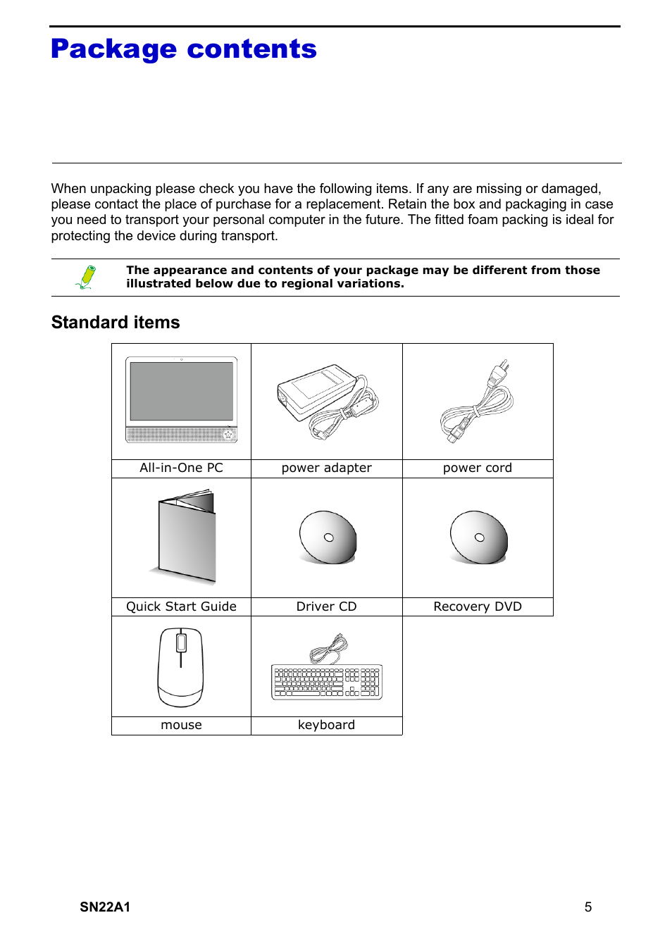 Package contents, Standard items | HANNspree SN22A1 User Manual | Page 6 / 57