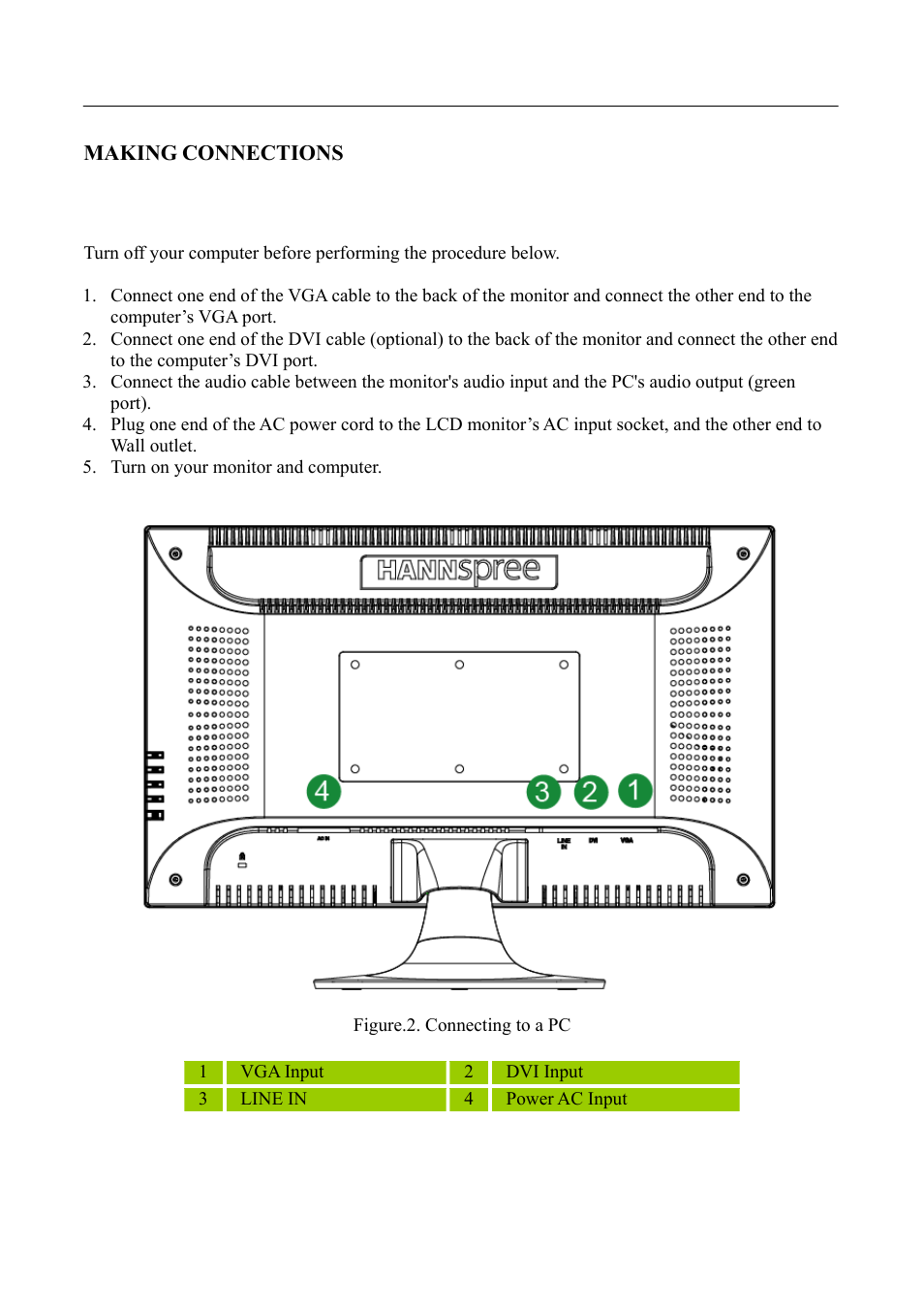 Making connections | HANNspree LCD Monitor HF255 User Manual | Page 10 / 23