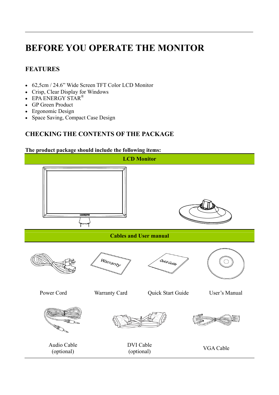 Before you operate the monitor, Features, Checking the contents of the package | HANNspree LCD Monitor HF255 User Manual | Page 7 / 23