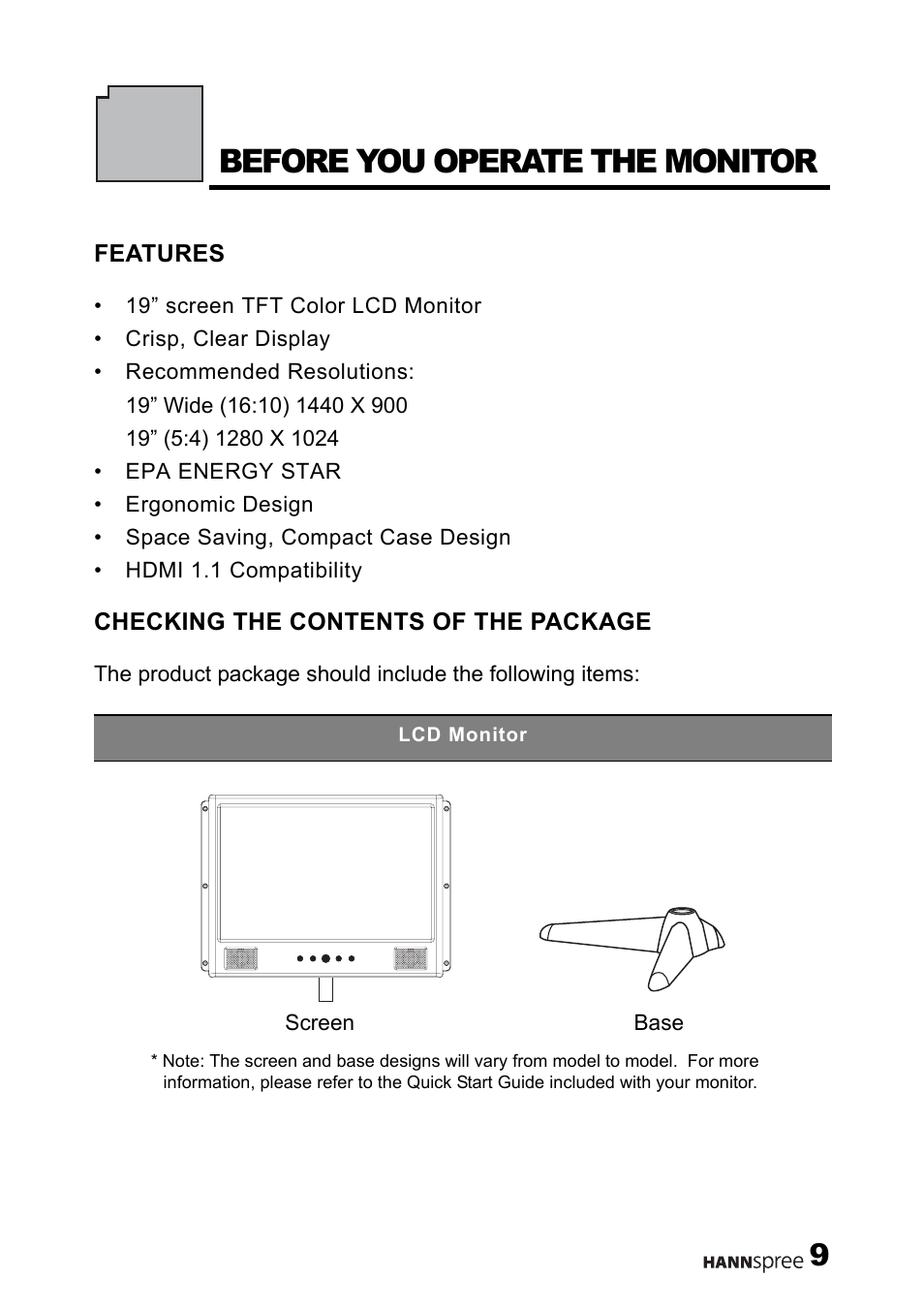Before you operate the monitor | HANNspree M19N2 User Manual | Page 10 / 34