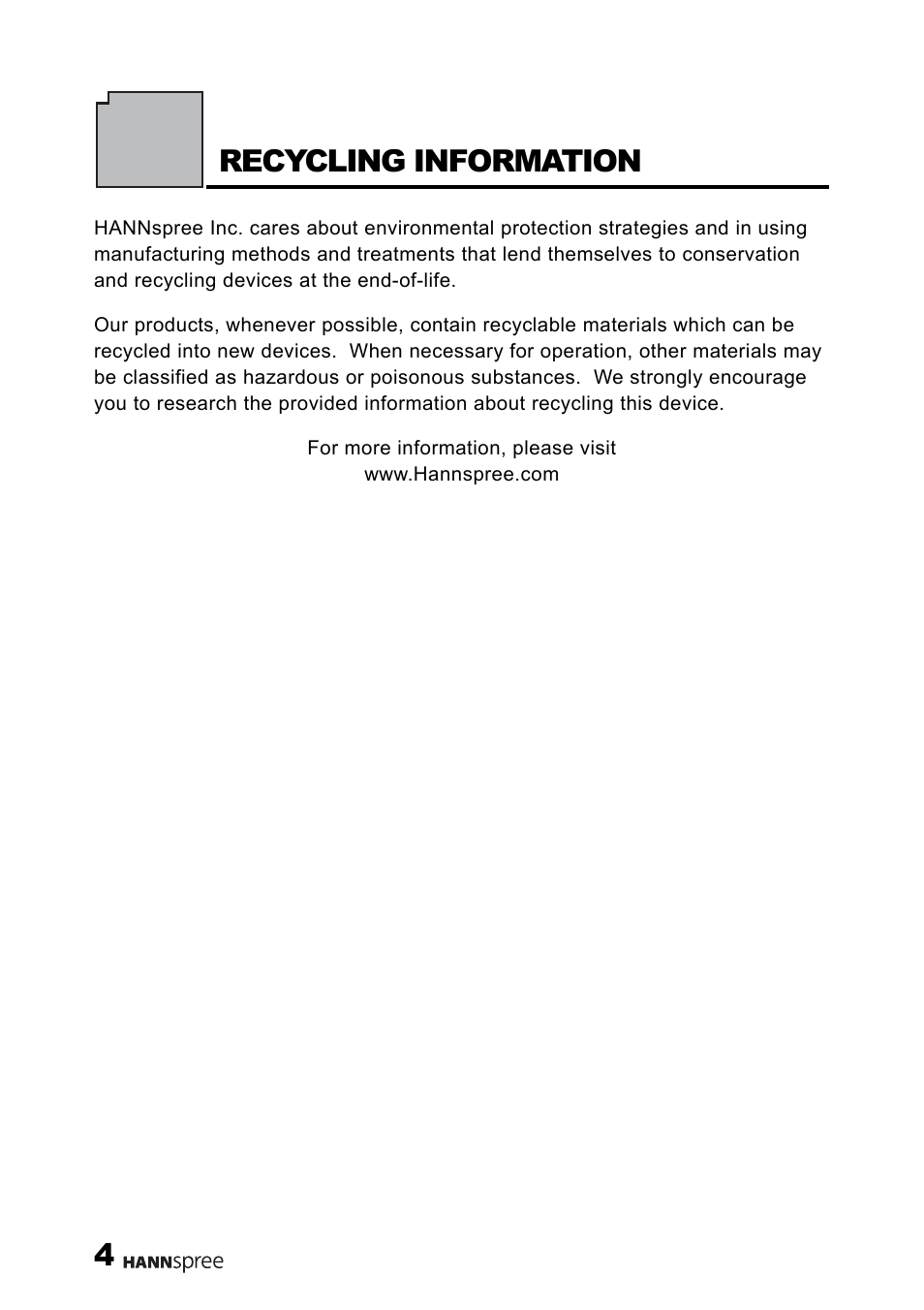 4recycling information | HANNspree M19N2 User Manual | Page 5 / 34