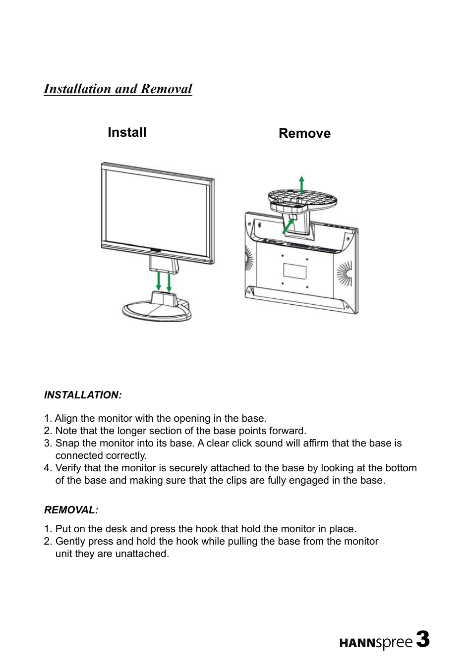Installation and removal | HANNspree Liquid Crystal Display Monitor 19"/HF199H User Manual | Page 4 / 18