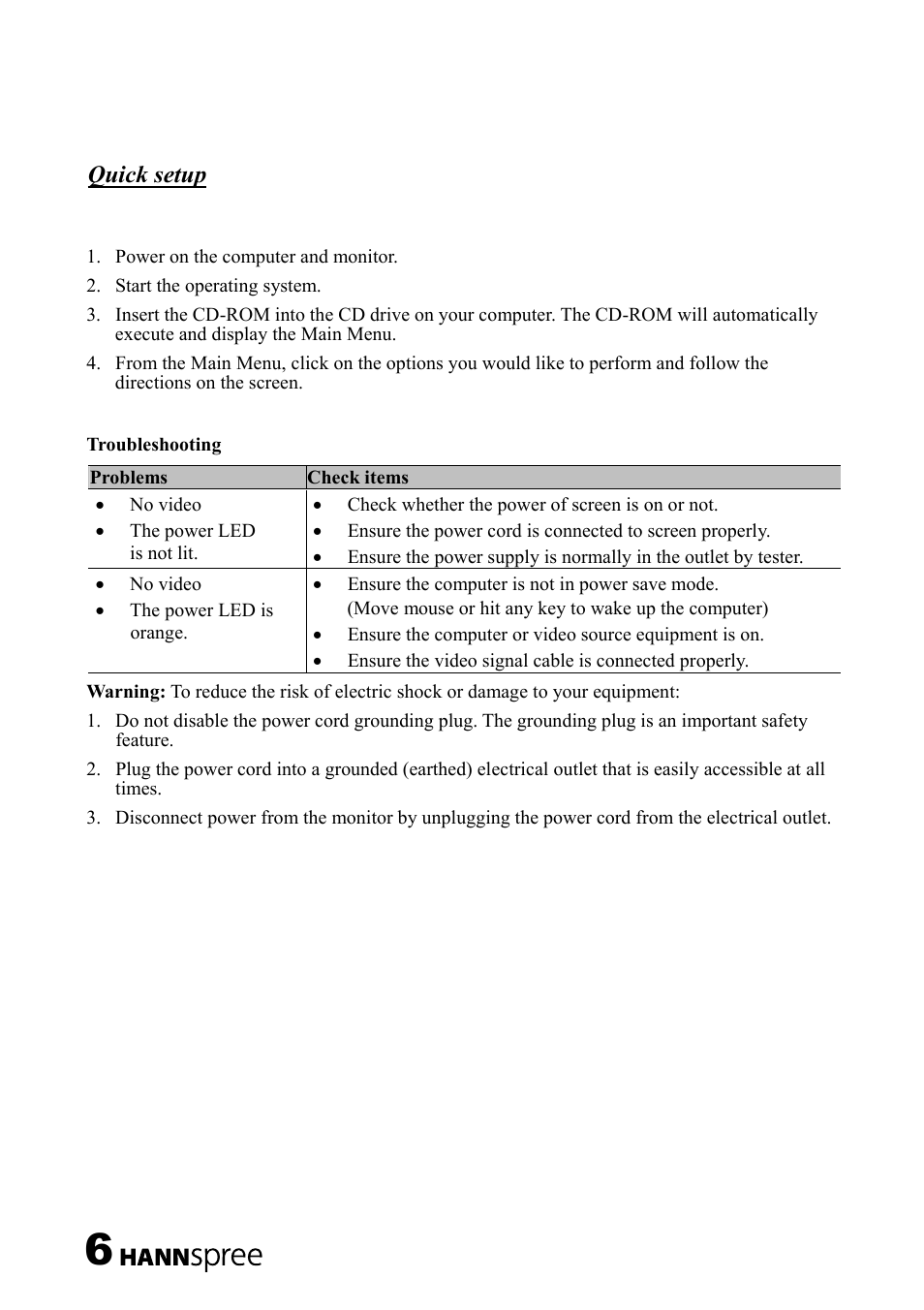 Quick setup | HANNspree Liquid Crystal Display Monitor 19"/HF199H User Manual | Page 7 / 18