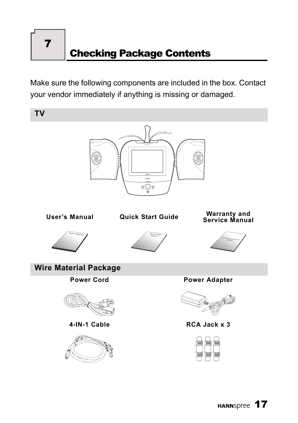 Checking package contents, G package contents, Wire material package | Power cord power adapter 4-in-1 cable rca jack x 3 | HANNspree K226-10A1 User Manual | Page 18 / 59