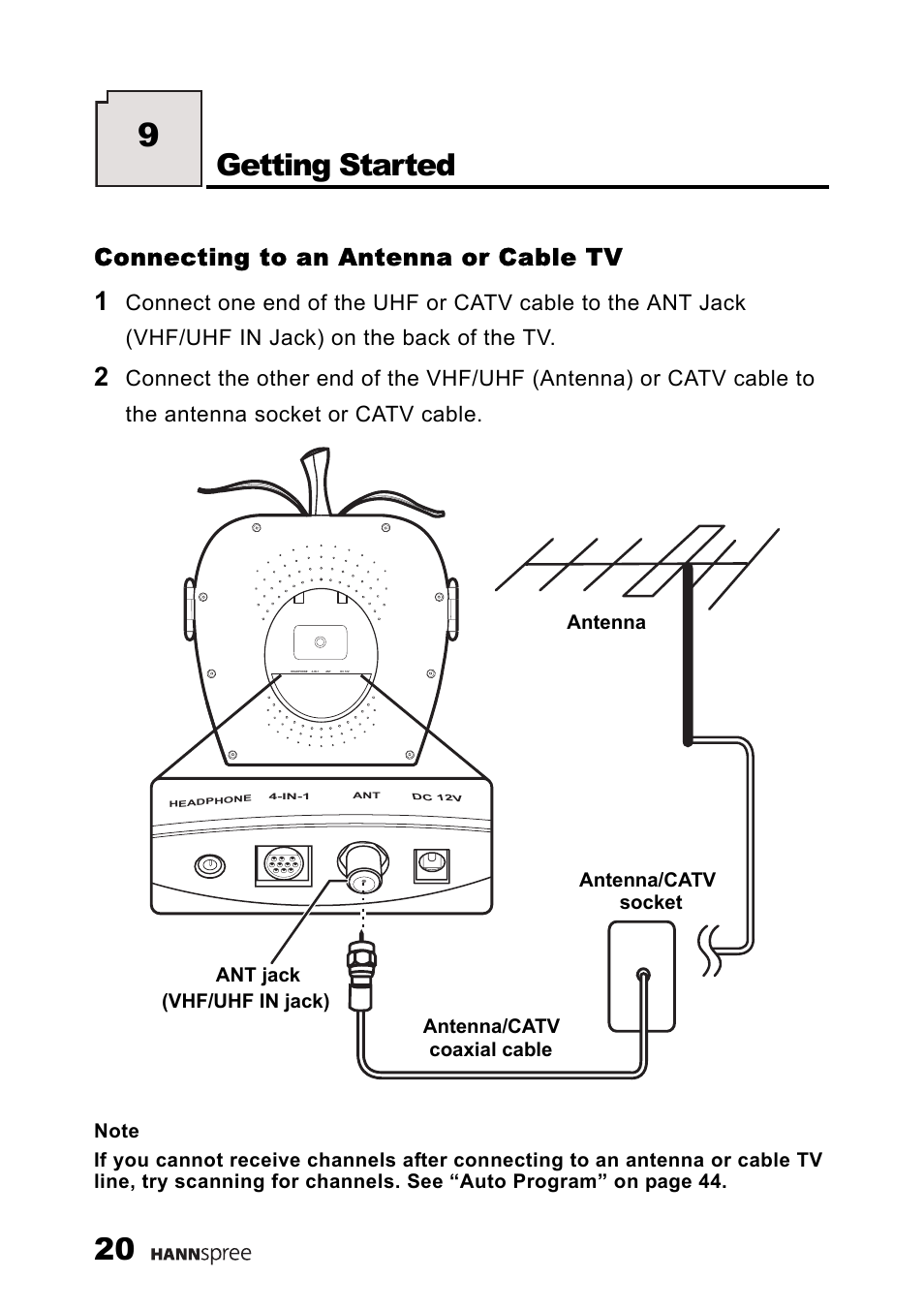 Connecting to an antenna or cable tv, Getting started | HANNspree K226-10A1 User Manual | Page 21 / 59