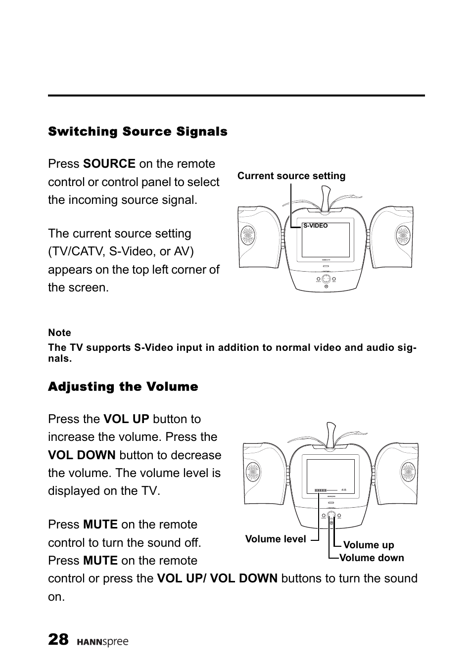 Switching source signals, Adjusting the volume, Current source setting | Volume level volume up volume down | HANNspree K226-10A1 User Manual | Page 29 / 59