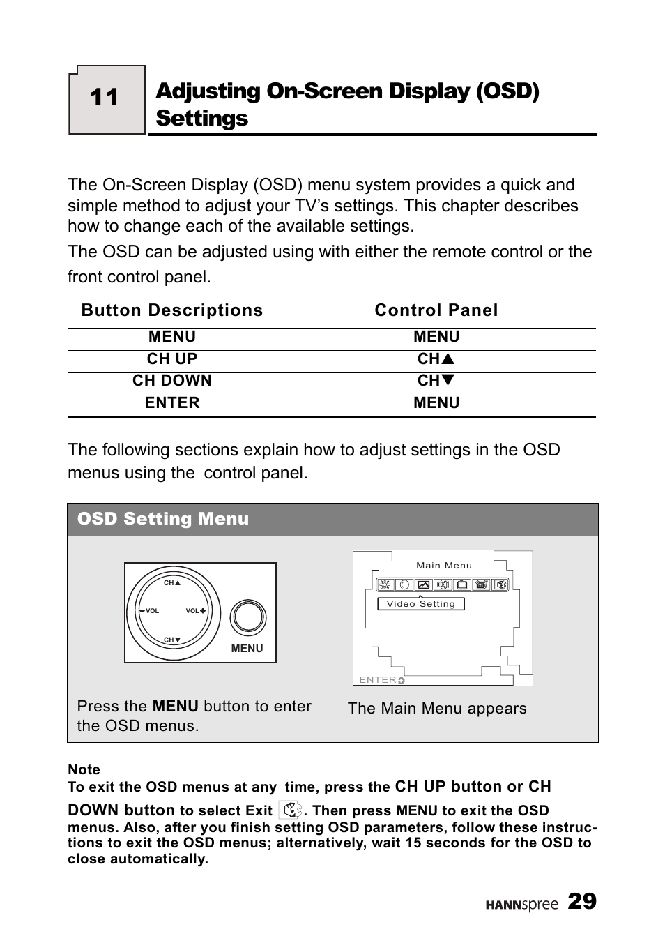 Adjusting on-screen display (osd) settings, Button descriptions control panel, Osd setting menu | HANNspree K226-10A1 User Manual | Page 30 / 59
