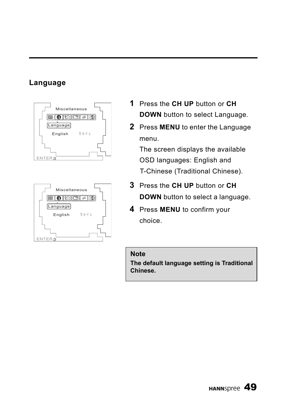 Language, Press menu to confirm your choice | HANNspree K226-10A1 User Manual | Page 50 / 59