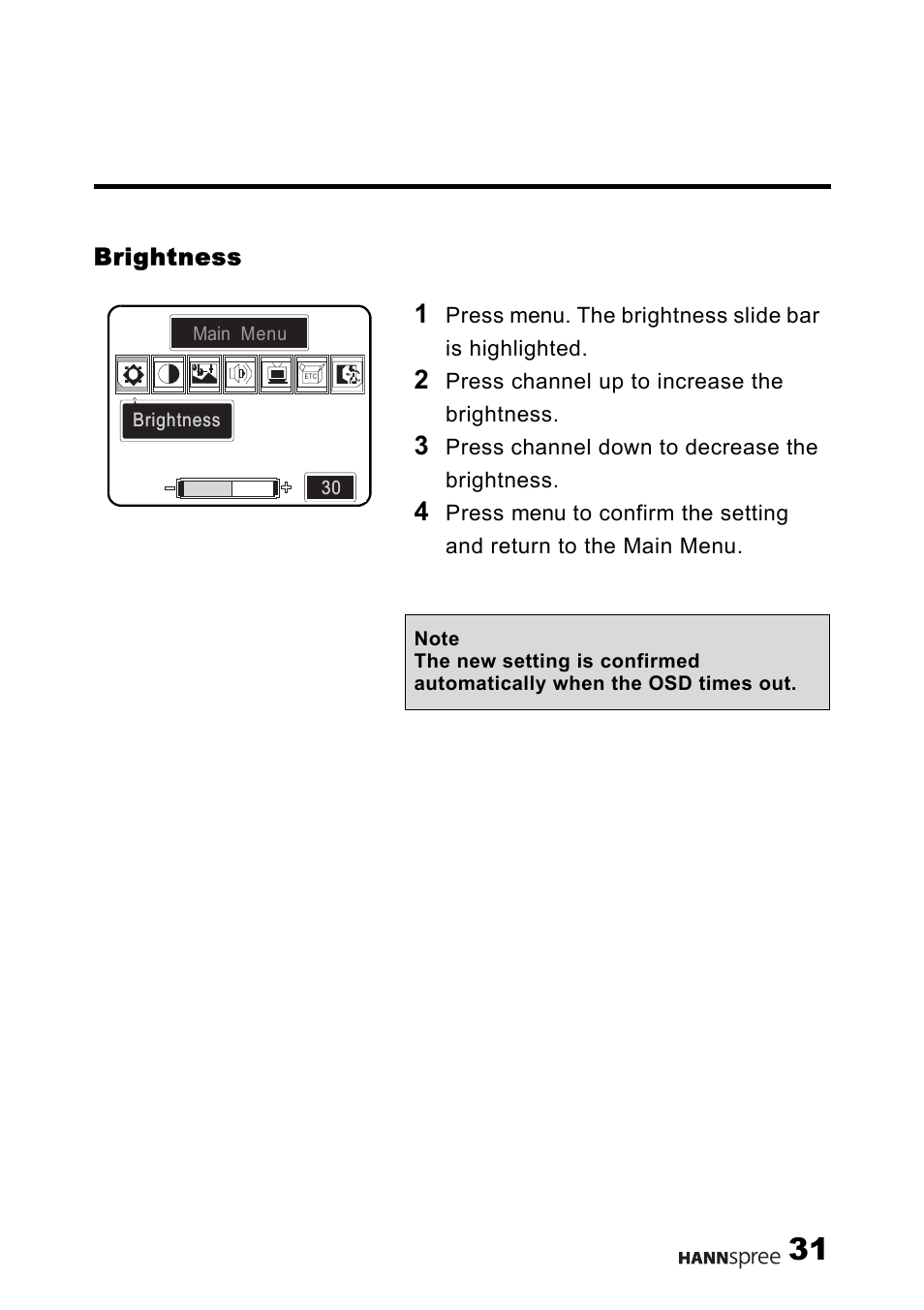 Brightness | HANNspree Liquid Crystal Display Television User Manual | Page 32 / 63