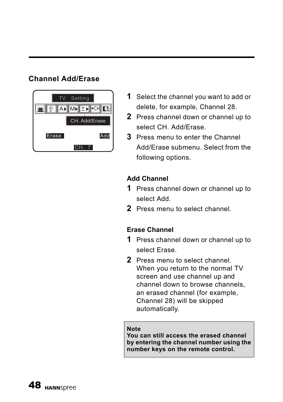 Channel add/erase | HANNspree Liquid Crystal Display Television User Manual | Page 49 / 63