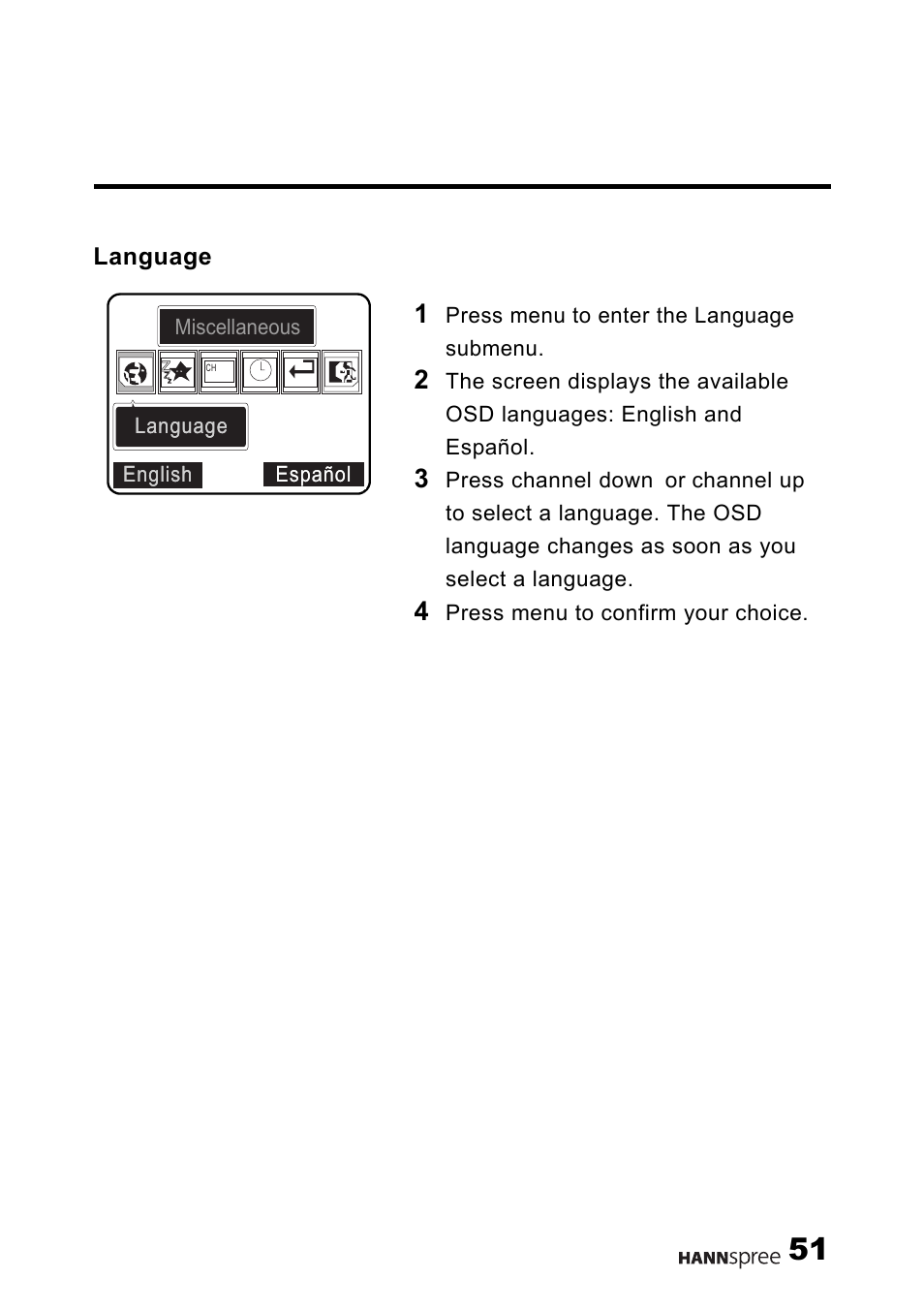 Language | HANNspree Liquid Crystal Display Television User Manual | Page 52 / 63