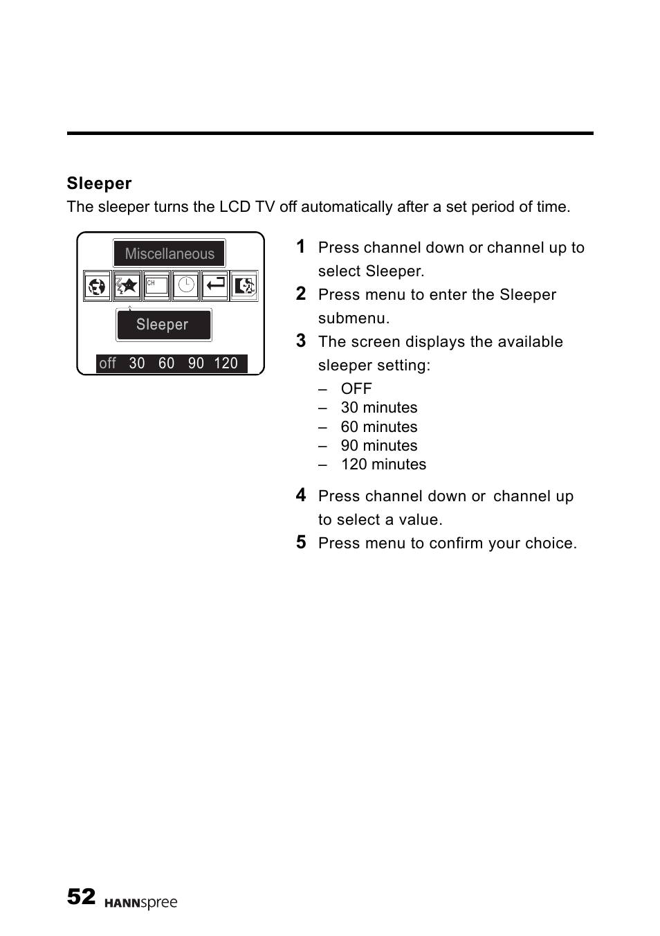 Sleeper | HANNspree Liquid Crystal Display Television User Manual | Page 53 / 63