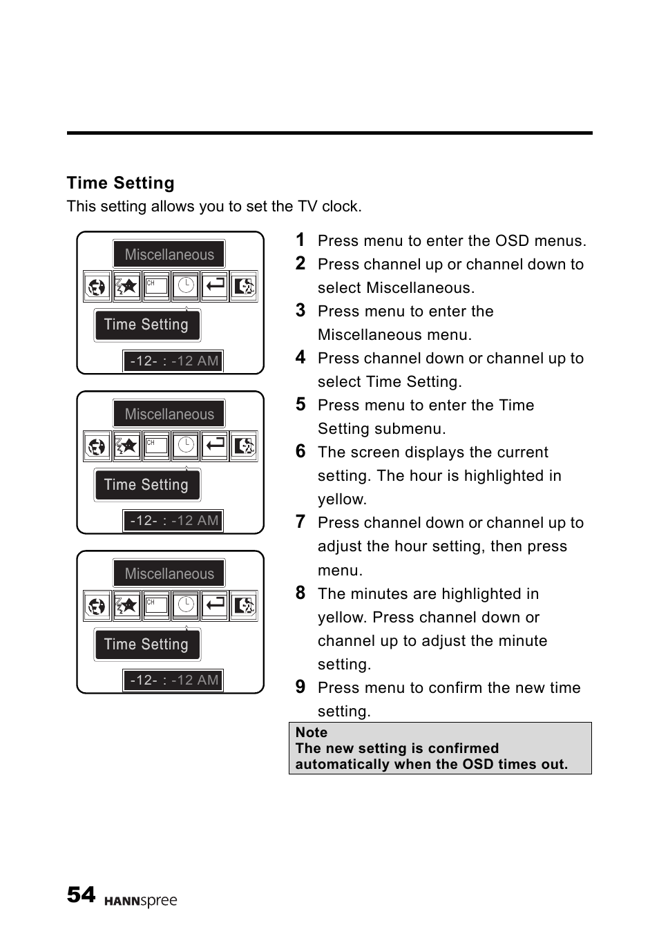 Time setting | HANNspree Liquid Crystal Display Television User Manual | Page 55 / 63