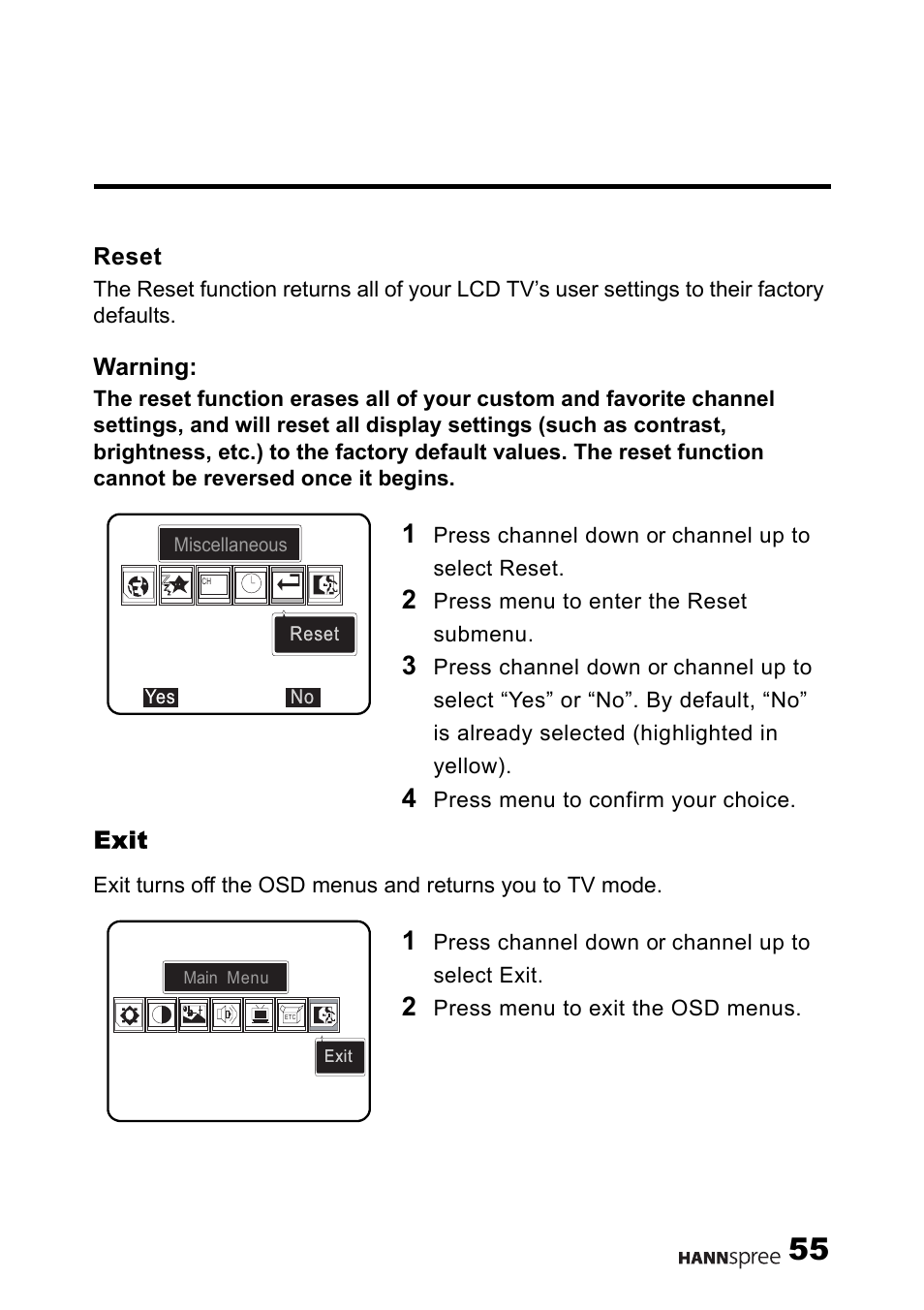 Reset, Exit | HANNspree Liquid Crystal Display Television User Manual | Page 56 / 63