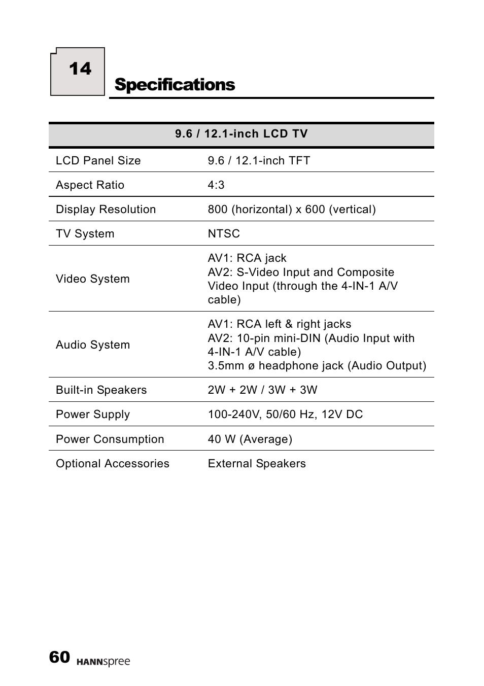 Specifications, 14 specifications | HANNspree Liquid Crystal Display Television User Manual | Page 61 / 63