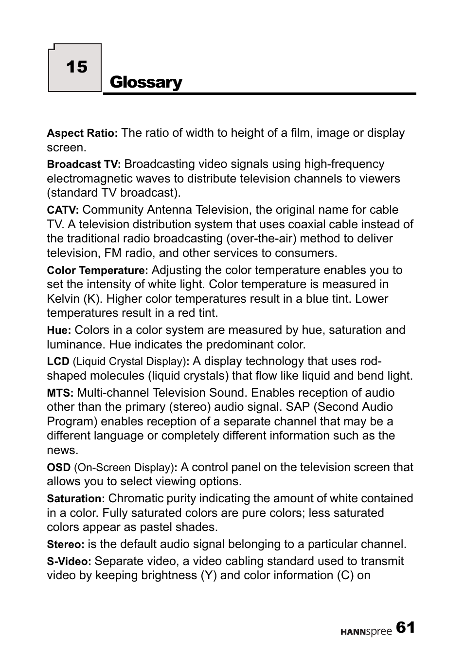 Glossary, 15 glossary | HANNspree Liquid Crystal Display Television User Manual | Page 62 / 63