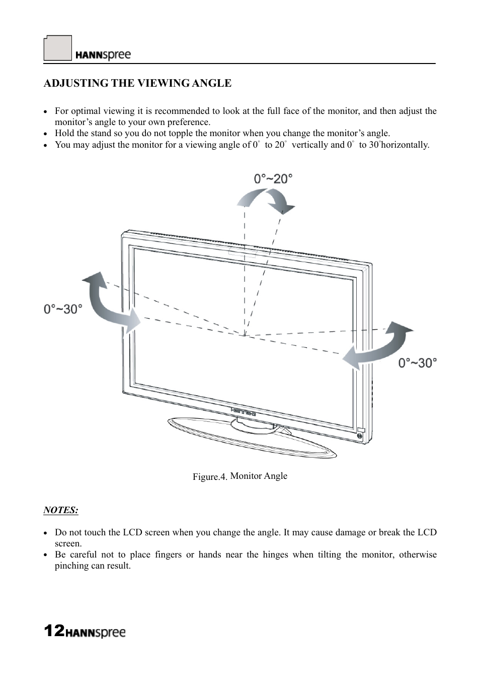 Adjusting the viewing angle | HANNspree LCD Monitor HF289 User Manual | Page 12 / 24