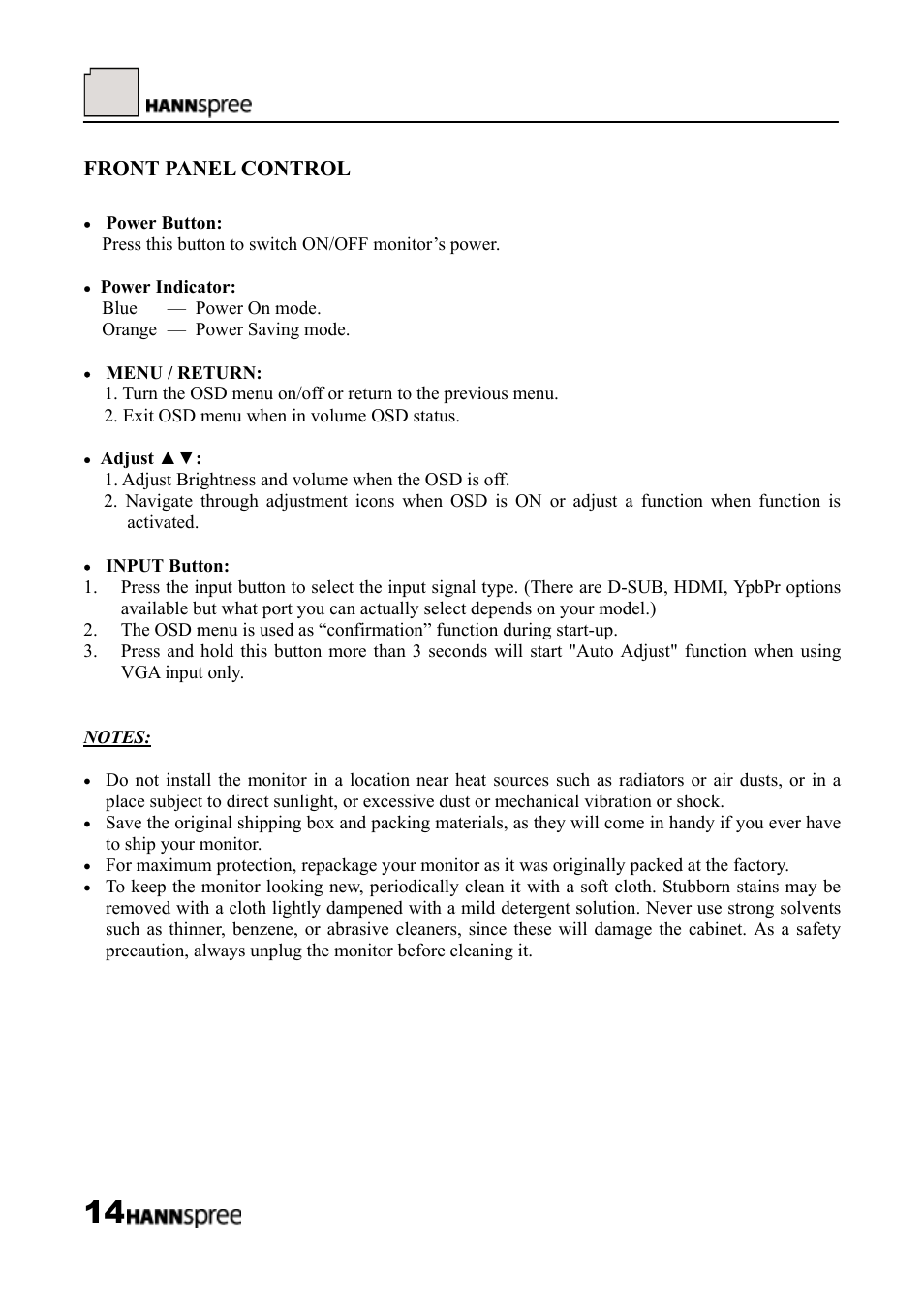 Front panel control | HANNspree LCD Monitor HF289 User Manual | Page 14 / 24