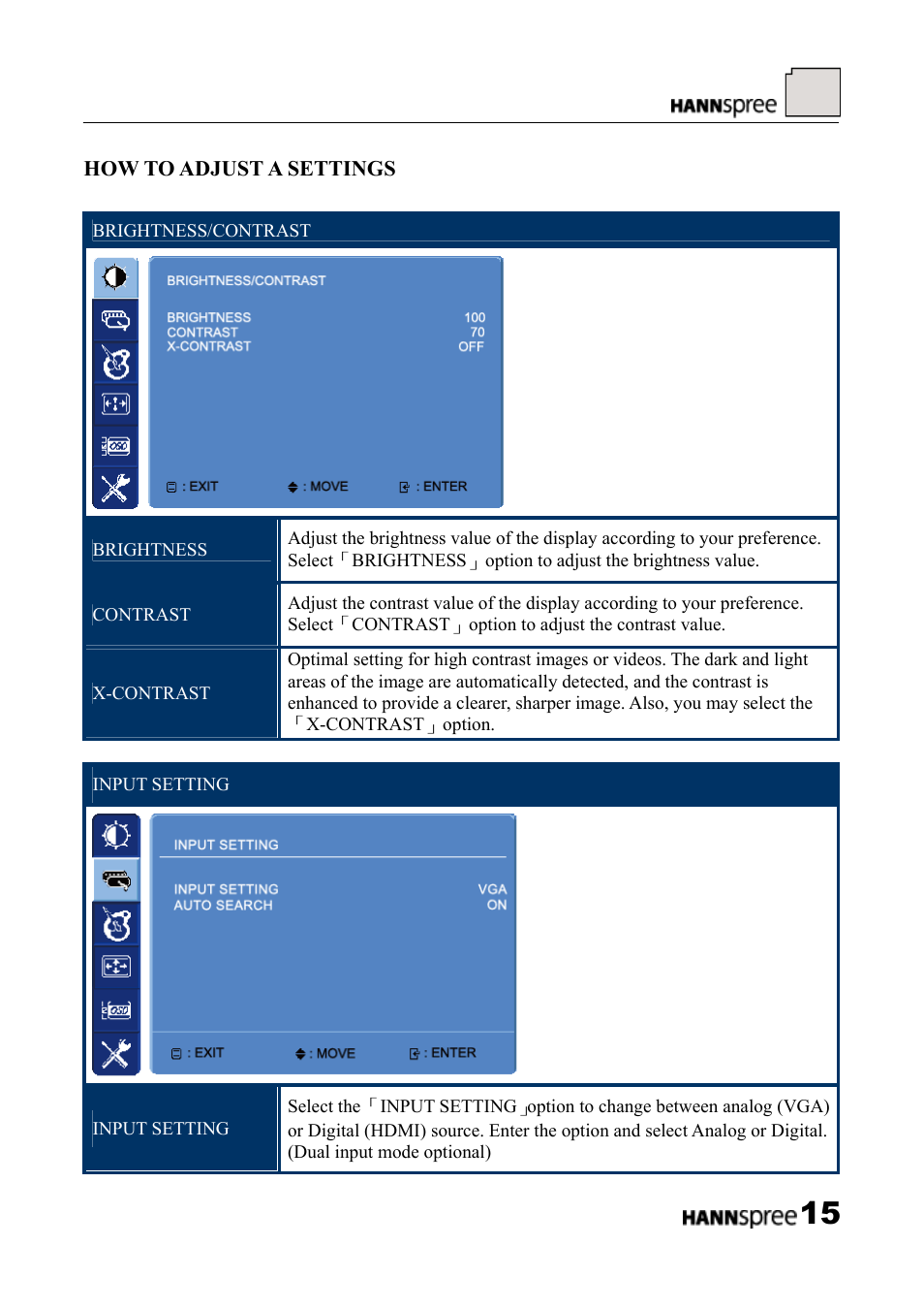 How to adjust a settings | HANNspree LCD Monitor HF289 User Manual | Page 15 / 24