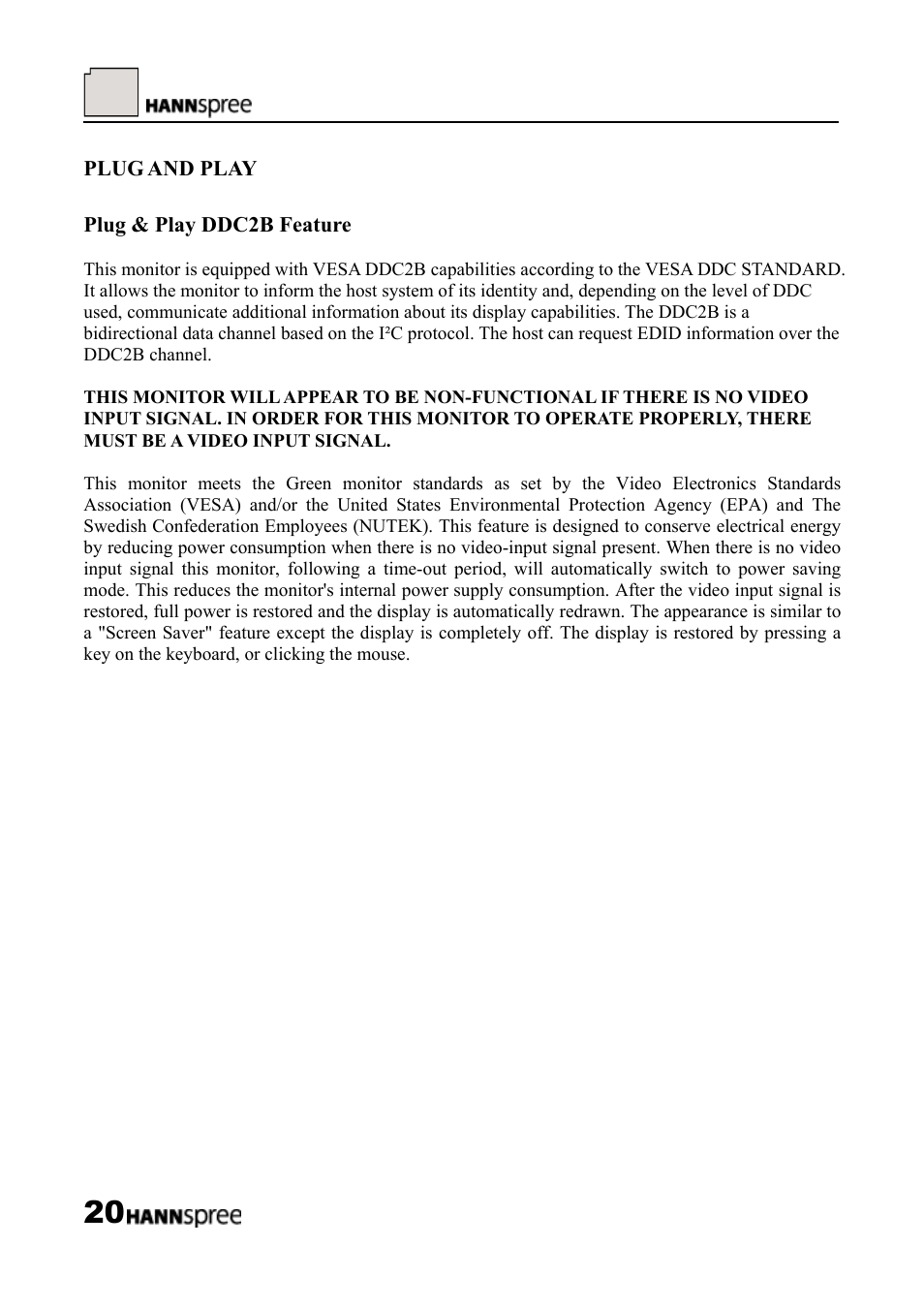Plug and play, Plug & play ddc2b feature | HANNspree LCD Monitor HF289 User Manual | Page 20 / 24