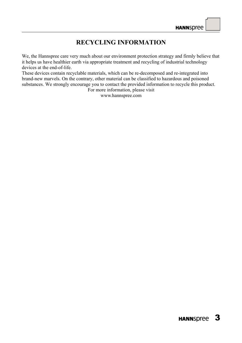 Recycling information | HANNspree LCD Monitor HF289 User Manual | Page 3 / 24