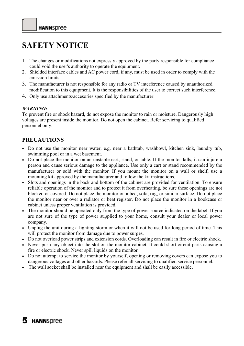 Safety notice, Precautions | HANNspree LCD Monitor HF289 User Manual | Page 5 / 24
