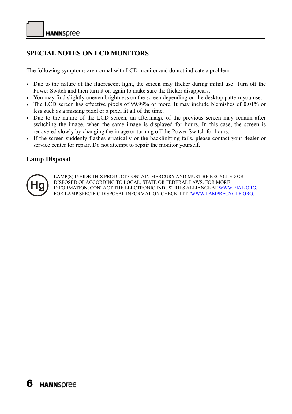 Special notes on lcd monitors, Lamp disposal | HANNspree LCD Monitor HF289 User Manual | Page 6 / 24