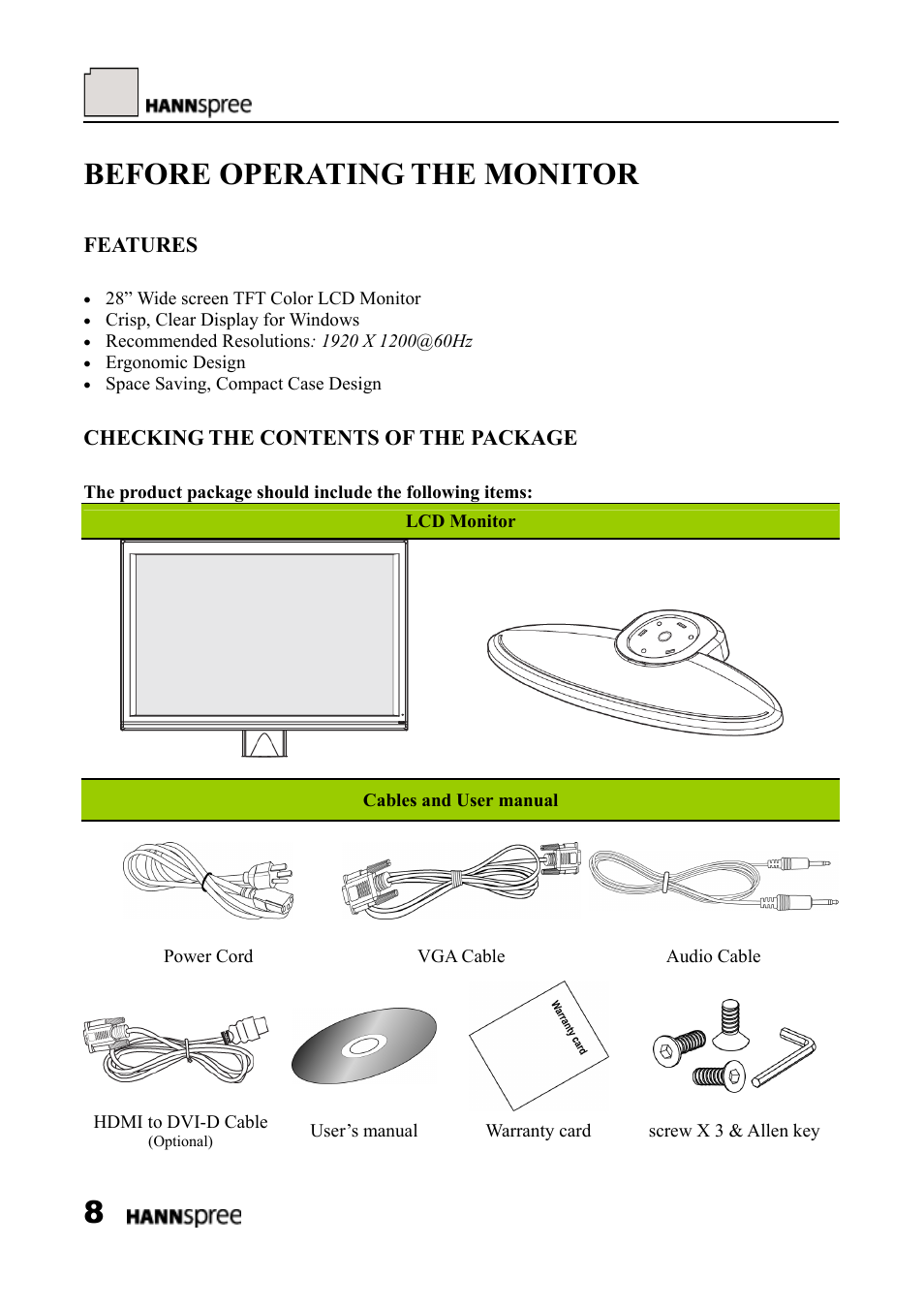 Before operating the monitor, Features, Checking the contents of the package | HANNspree LCD Monitor HF289 User Manual | Page 8 / 24