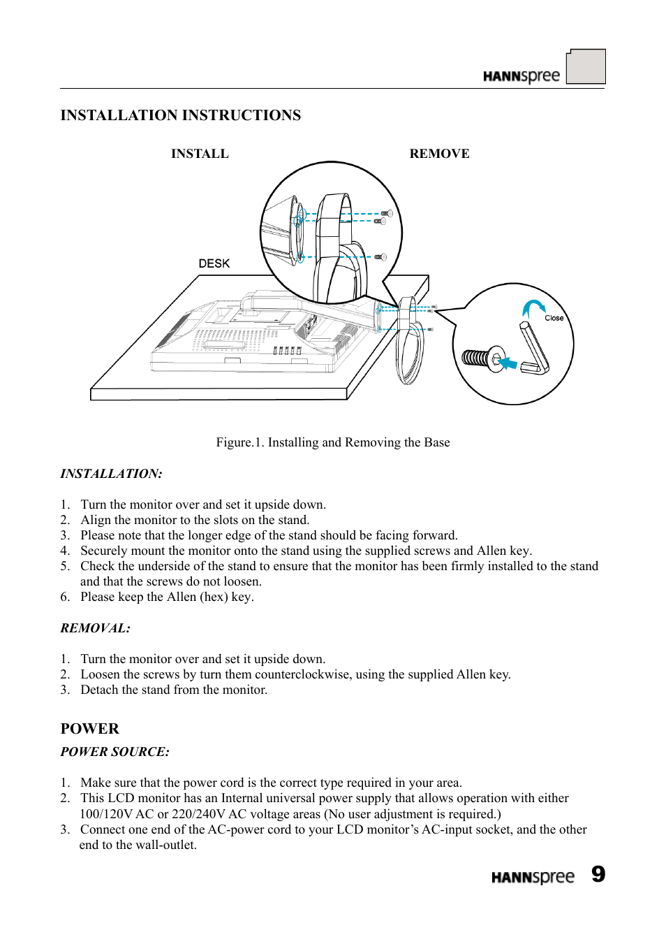 Installation instructions, Power | HANNspree LCD Monitor HF289 User Manual | Page 9 / 24