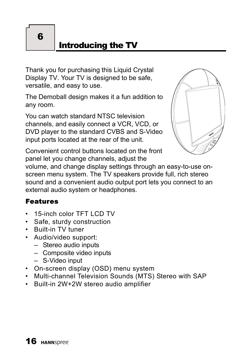 Features, Introducing the tv | HANNspree MAC-001056 User Manual | Page 17 / 59