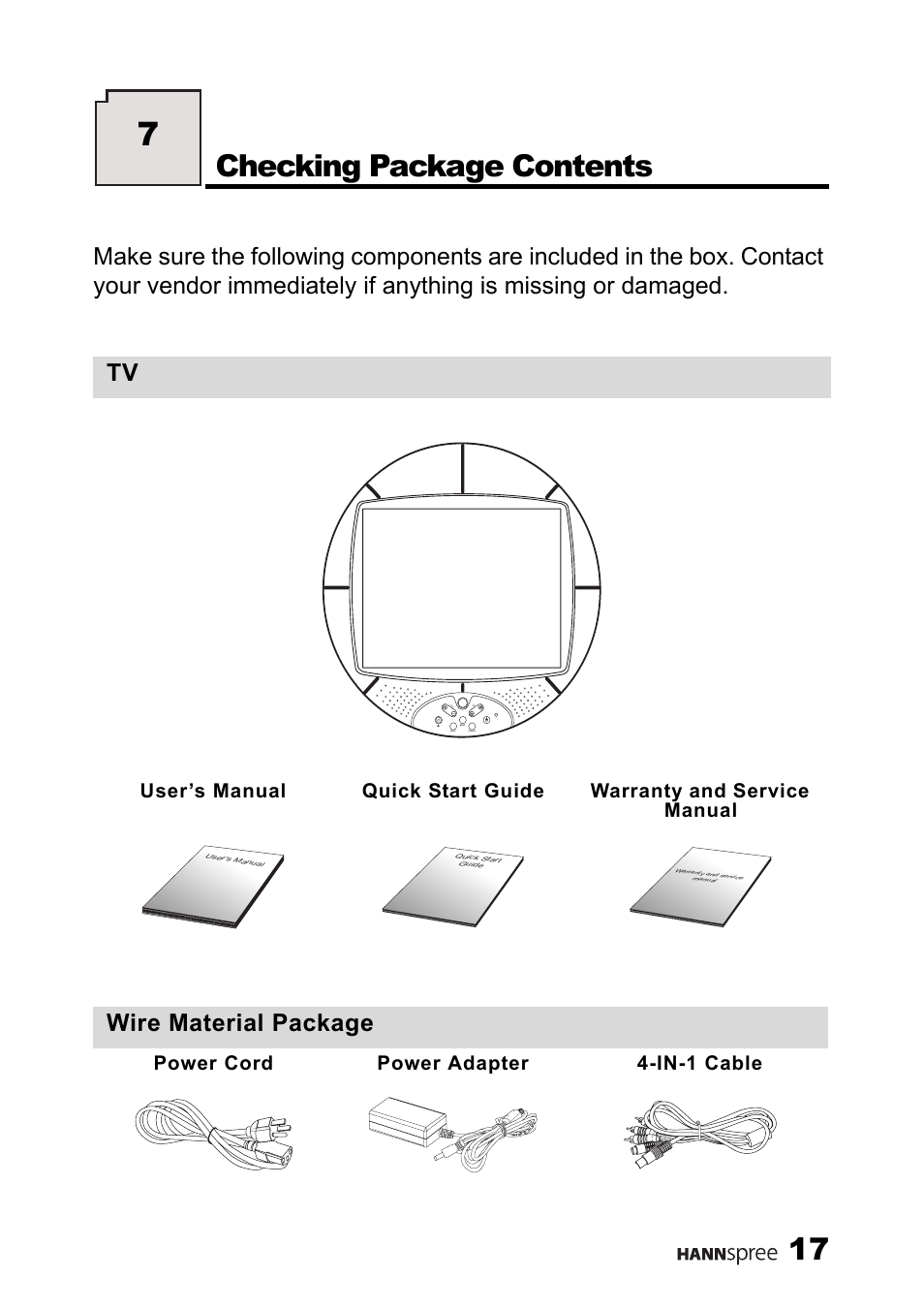 Checking package contents, Wire material package, Power cord power adapter 4-in-1 cable | HANNspree MAC-001056 User Manual | Page 18 / 59