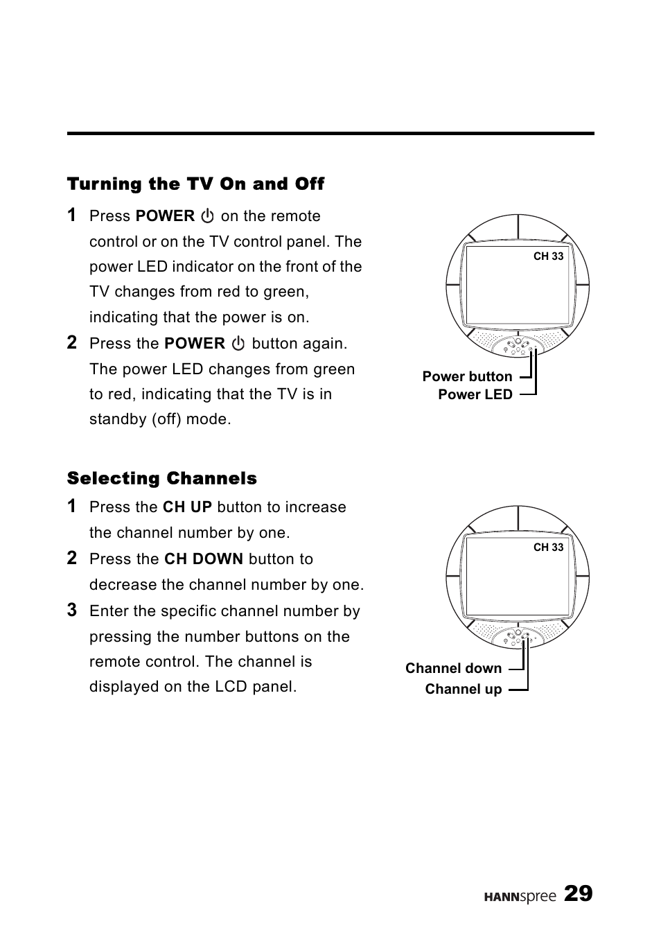 Turning the tv on and off, Selecting channels | HANNspree MAC-001056 User Manual | Page 30 / 59