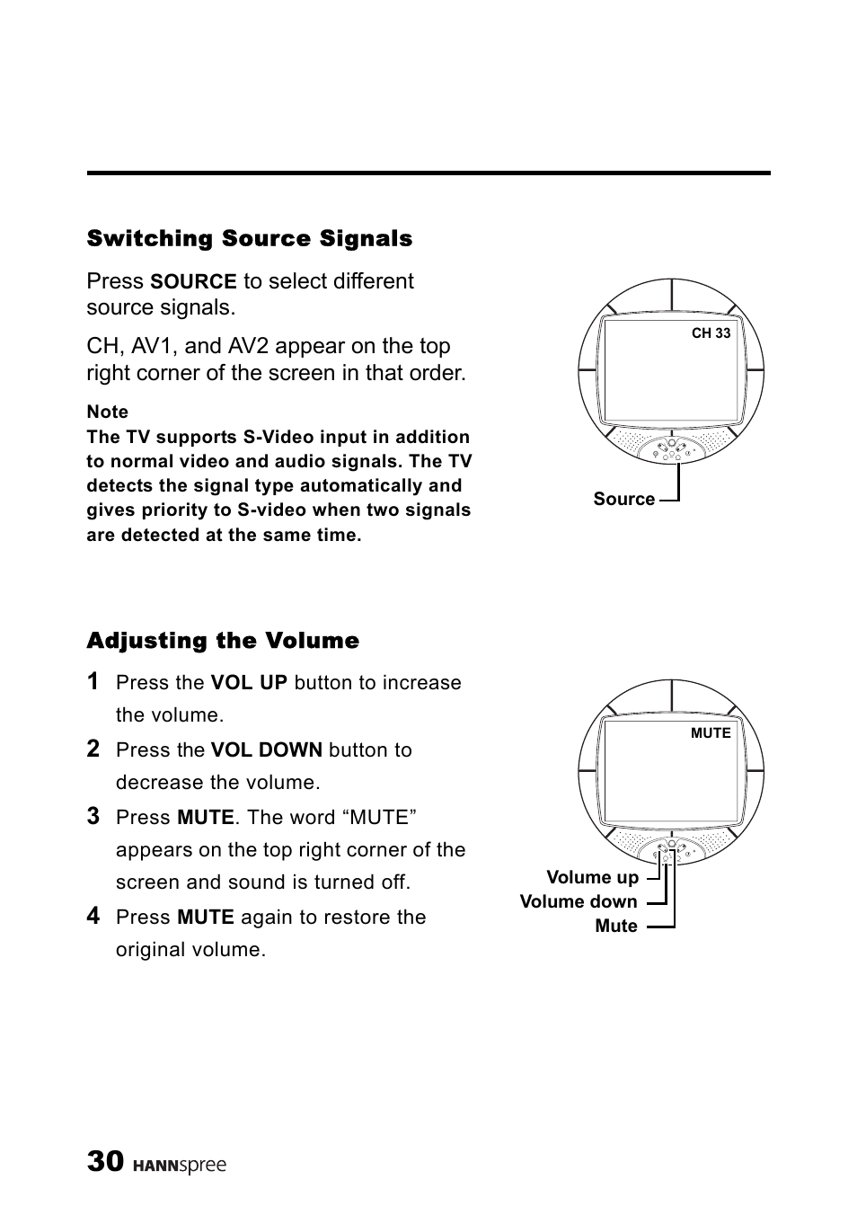 Switching source signals, Adjusting the volume, Switching source signals adjusting the volume | Switching source signals press | HANNspree MAC-001056 User Manual | Page 31 / 59