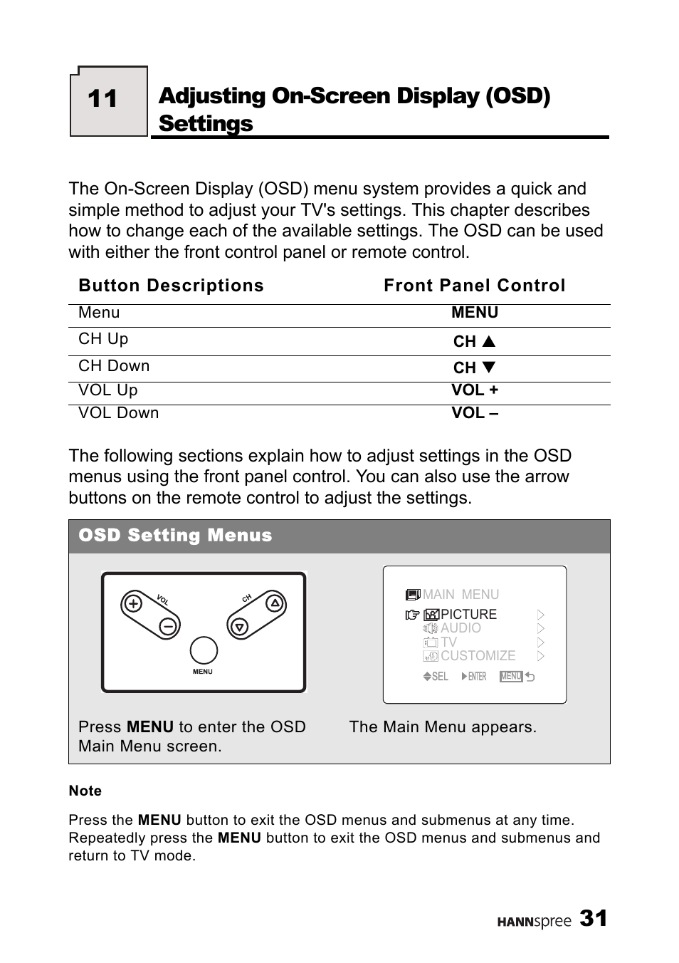 Adjusting on-screen display (osd) settings, Osd setting menus | HANNspree MAC-001056 User Manual | Page 32 / 59
