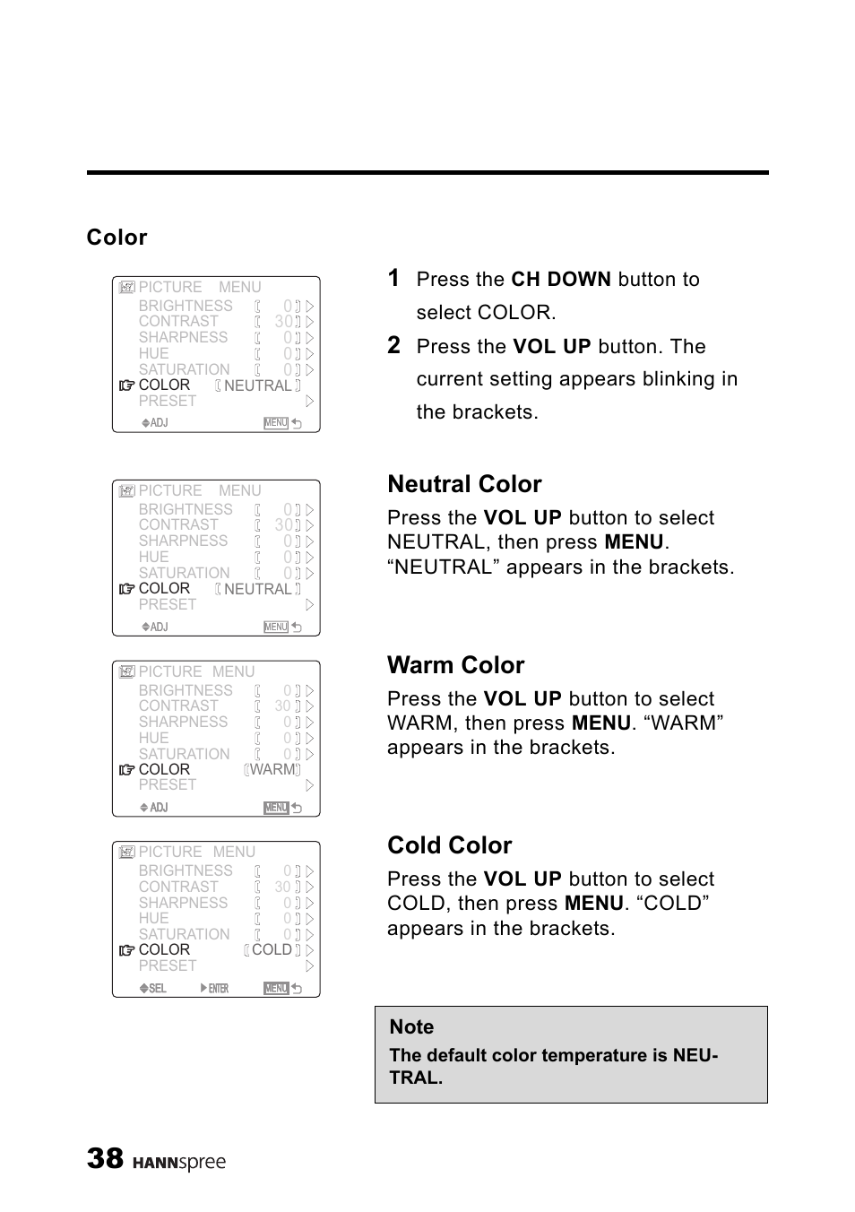 Color, Neutral color, Warm color | Cold color, Press the ch down button to select color | HANNspree MAC-001056 User Manual | Page 39 / 59