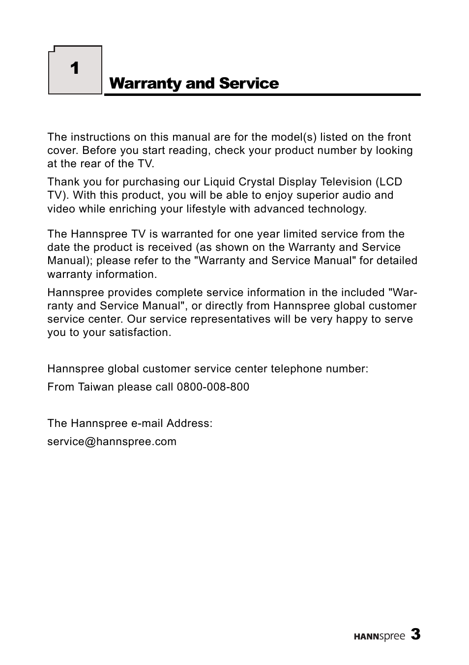 Warranty and service | HANNspree MAC-001056 User Manual | Page 4 / 59