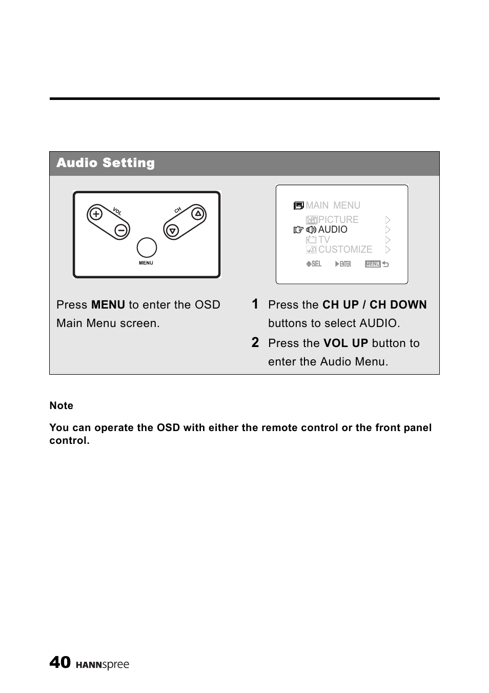 Audio setting, Press menu to enter the osd main menu screen, Press the ch up / ch down buttons to select audio | Press the vol up button to enter the audio menu | HANNspree MAC-001056 User Manual | Page 41 / 59