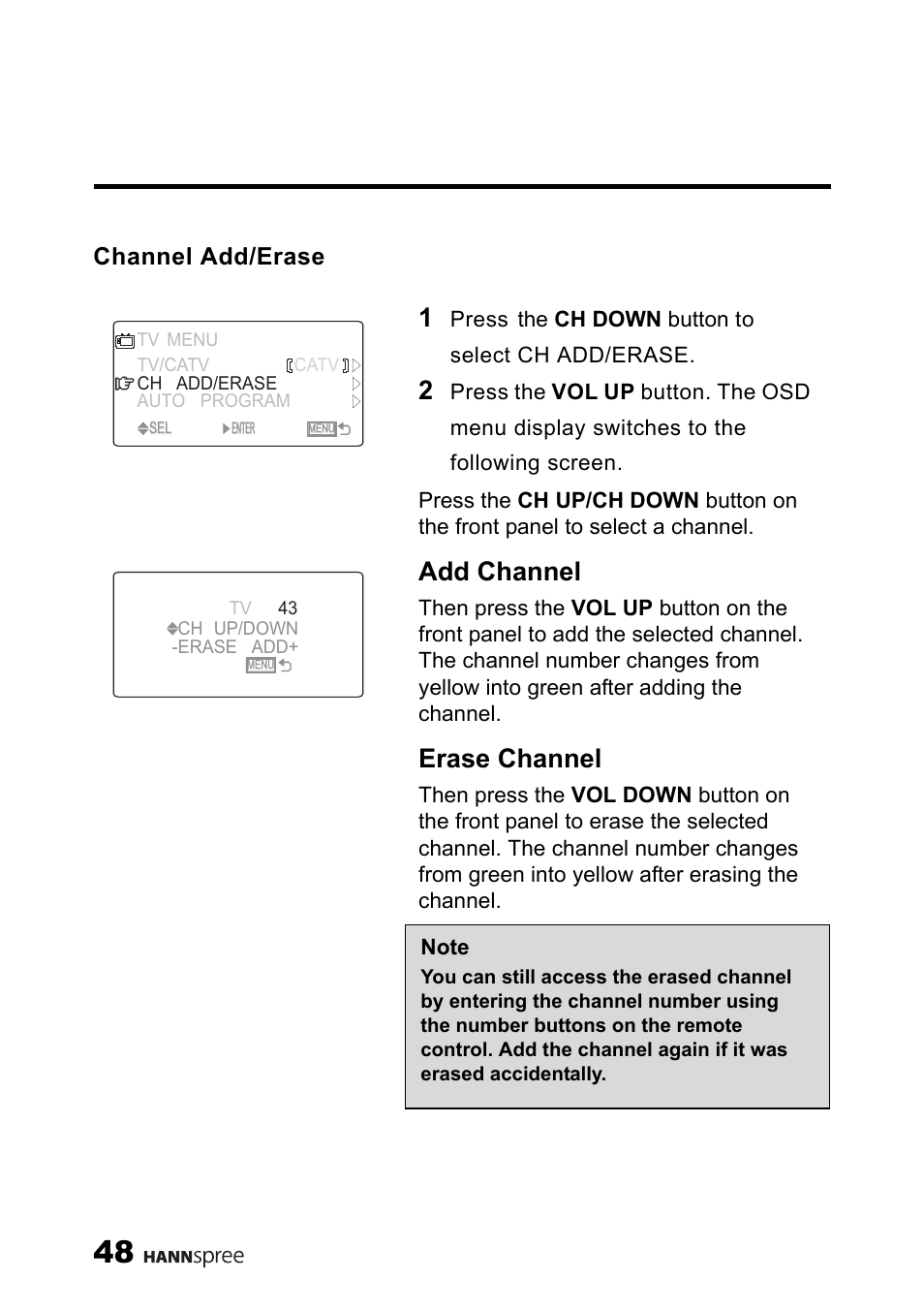 Channel add/erase, Add channel, Erase channel | HANNspree MAC-001056 User Manual | Page 49 / 59