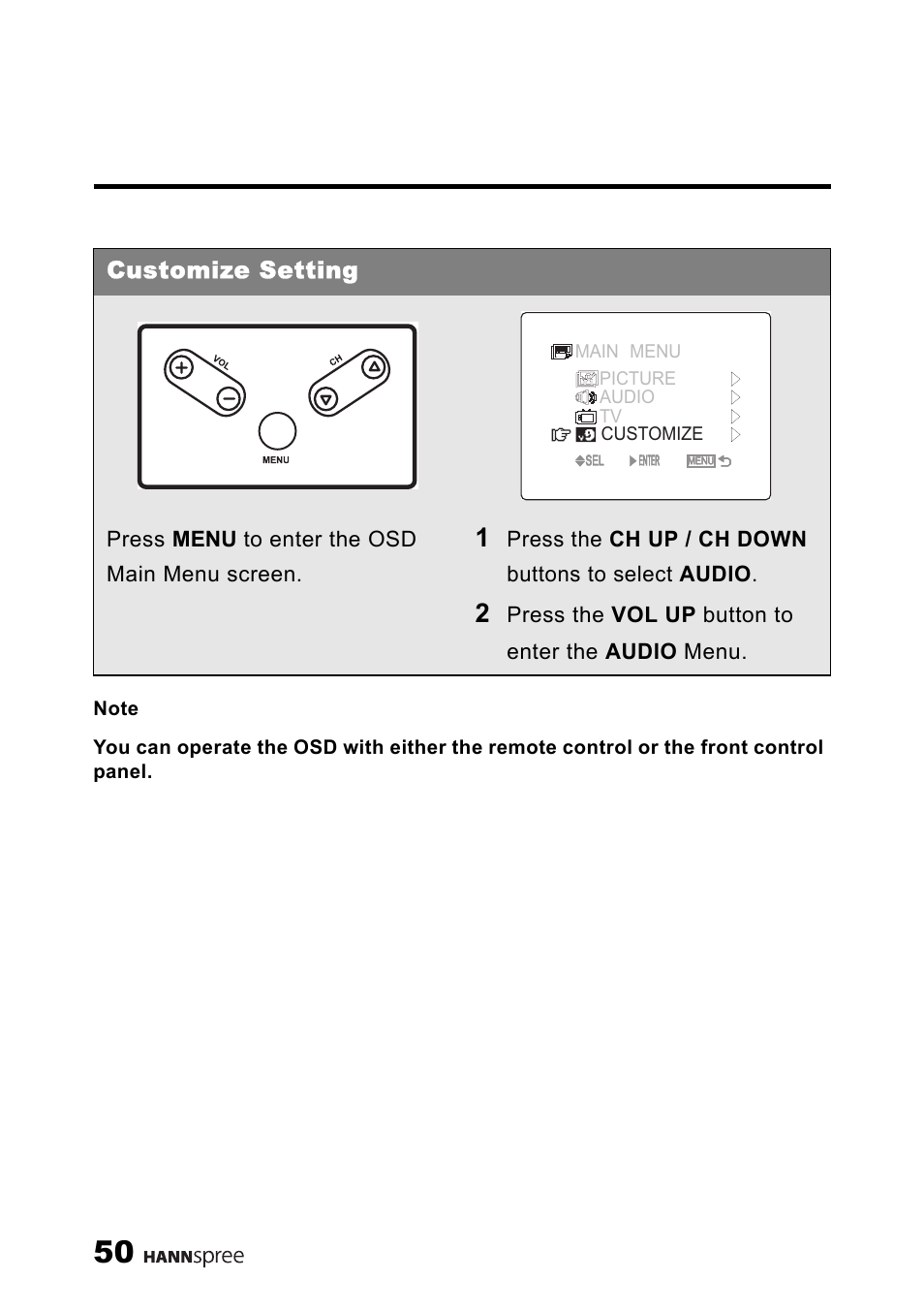 Customize setting, Press menu to enter the osd main menu screen, Press the ch up / ch down buttons to select audio | Press the vol up button to enter the audio menu | HANNspree MAC-001056 User Manual | Page 51 / 59