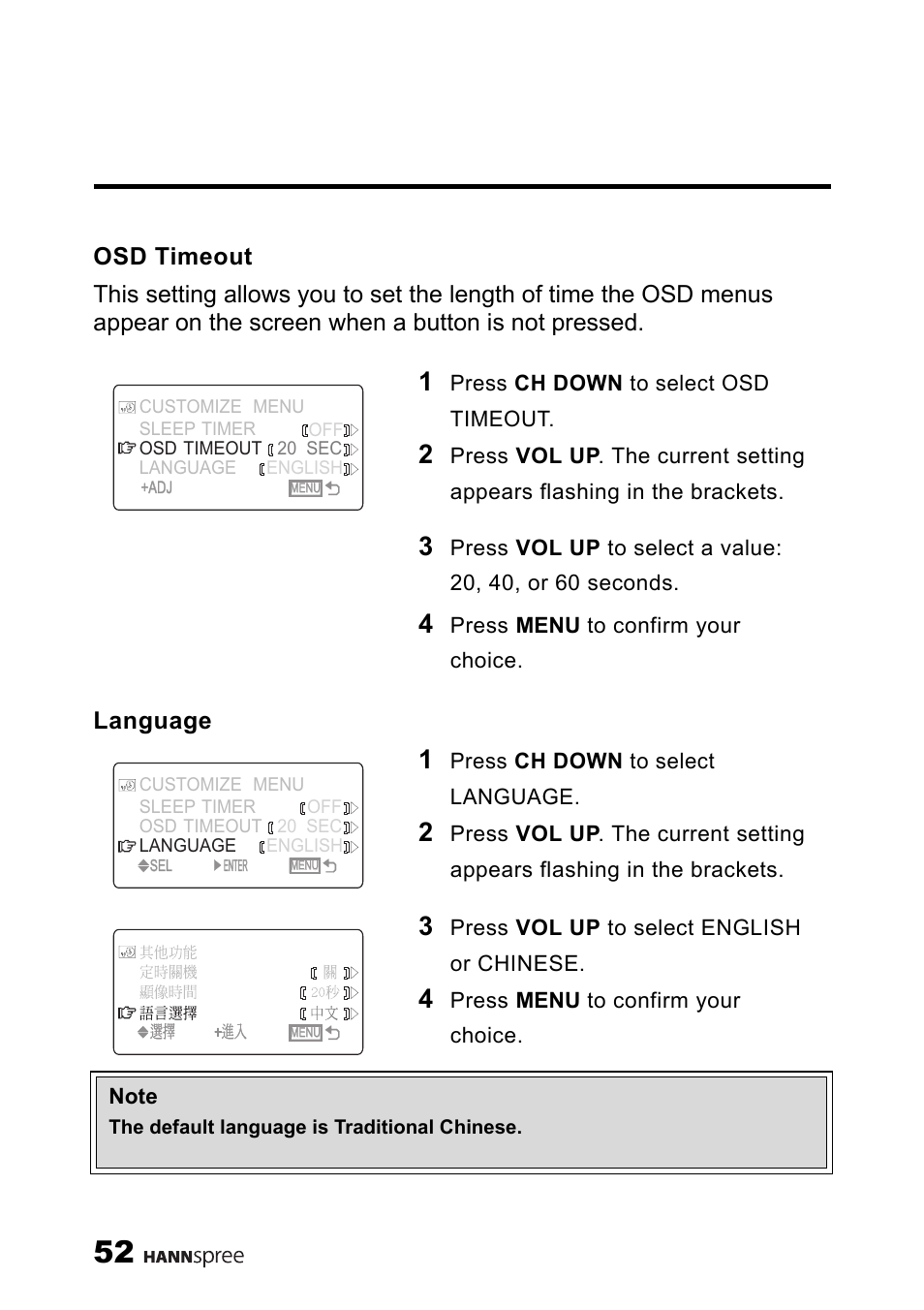 Osd timeout, Language, Osd timeout language | HANNspree MAC-001056 User Manual | Page 53 / 59