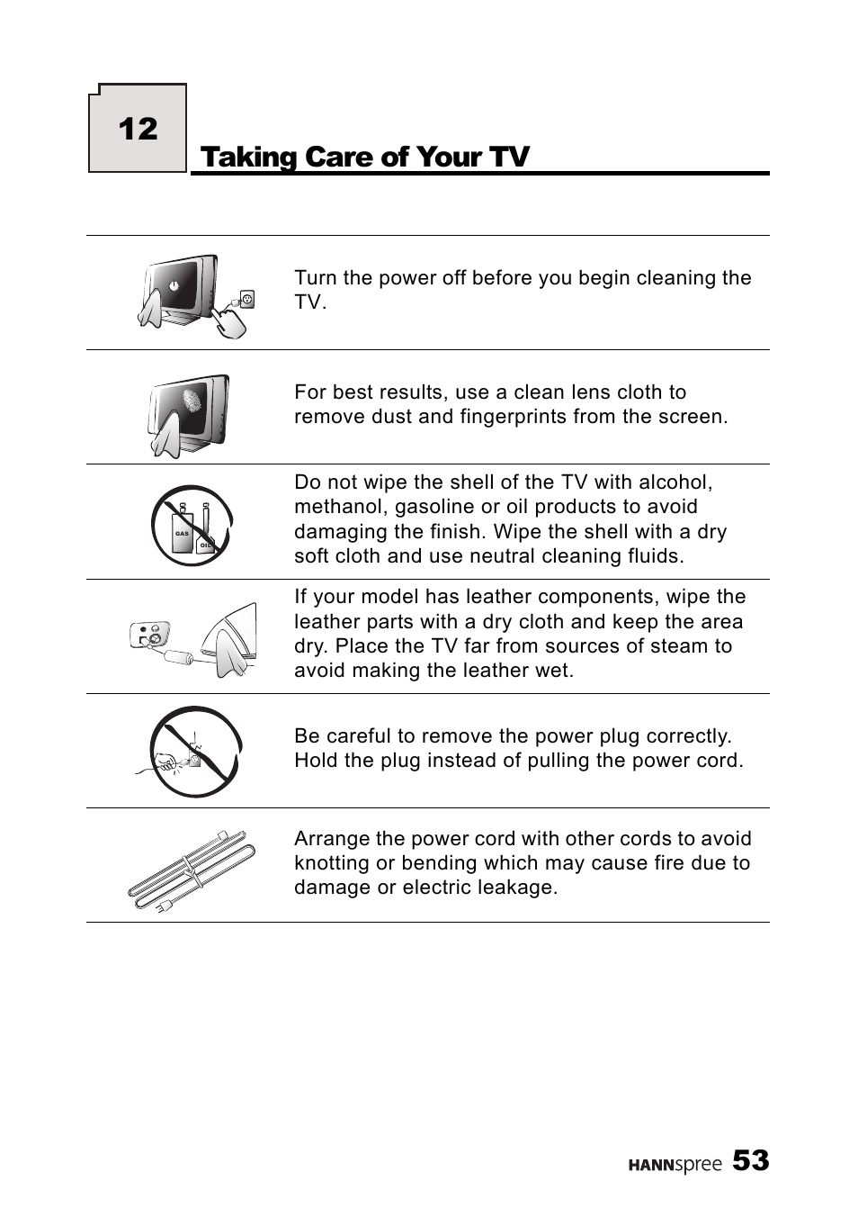 Taking care of your tv | HANNspree MAC-001056 User Manual | Page 54 / 59