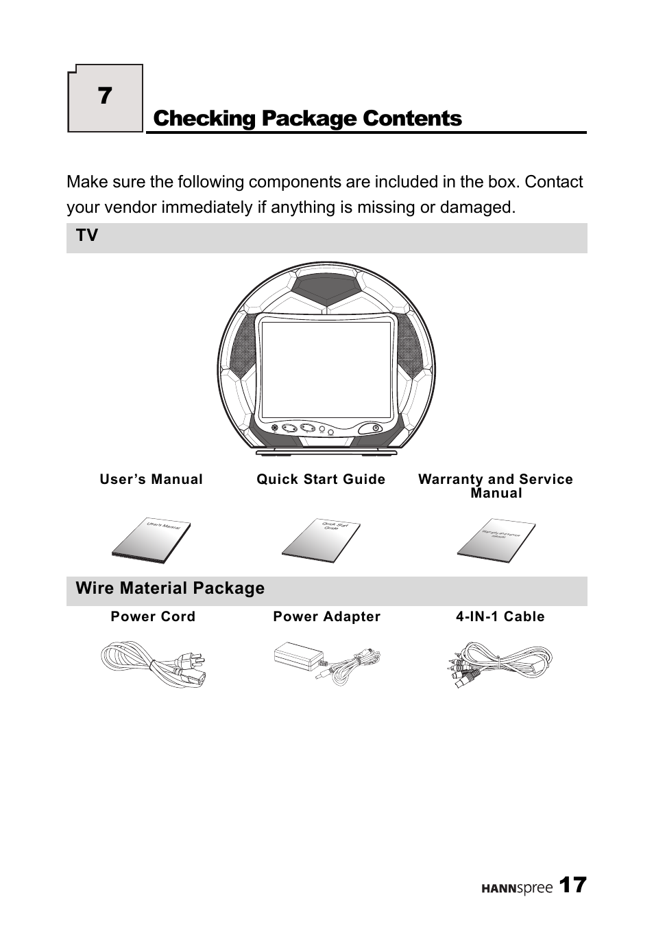 Checking package contents, Wire material package, Power cord power adapter 4-in-1 cable | HANNspree 9.6" LIQUID CRYSTAL DISPLAY ST08-10A1 User Manual | Page 18 / 56