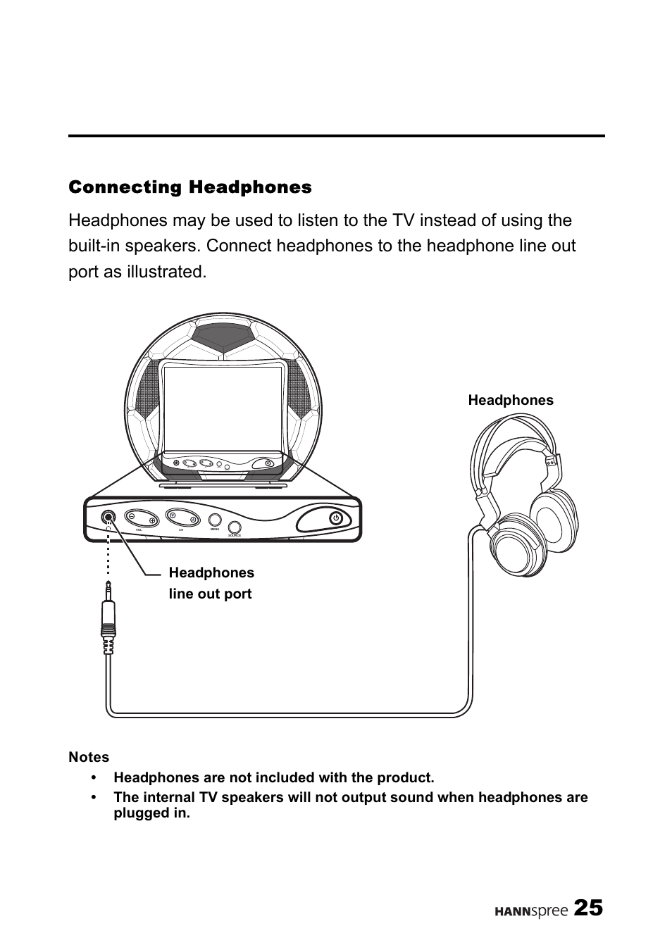 Connecting headphones, Headphones headphones line out port | HANNspree 9.6" LIQUID CRYSTAL DISPLAY ST08-10A1 User Manual | Page 26 / 56