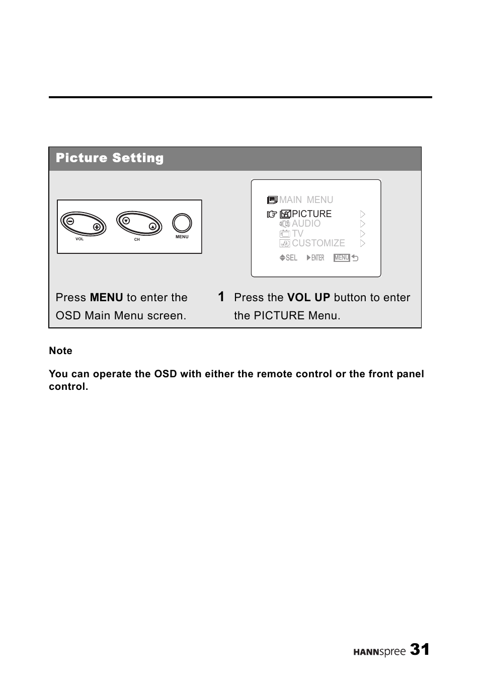 Picture setting, Osd setting menus picture setting, Press menu to enter the osd main menu screen | Press the vol up button to enter the picture menu | HANNspree 9.6" LIQUID CRYSTAL DISPLAY ST08-10A1 User Manual | Page 32 / 56